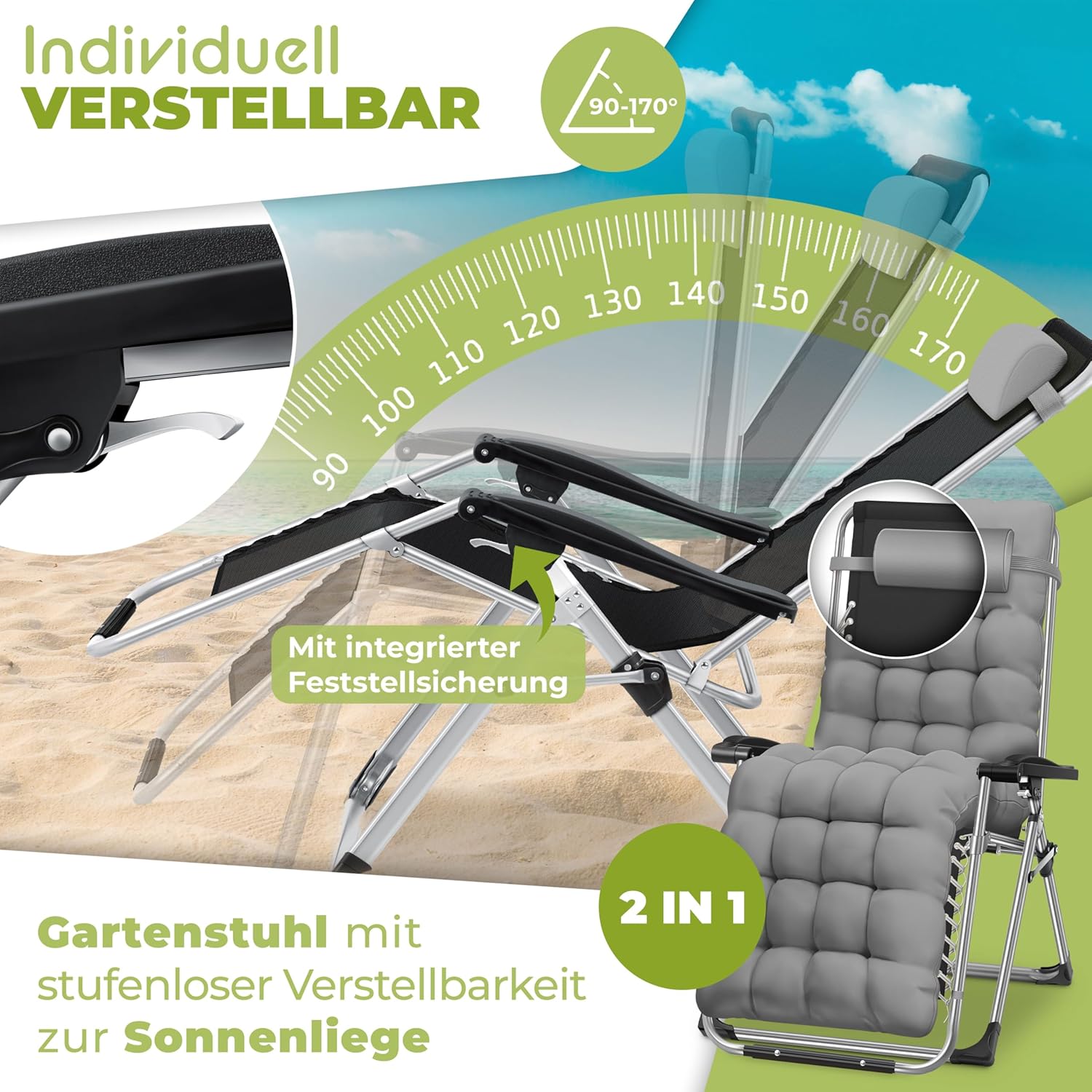 KESSER® Sonnenliege Deckchair faltbar, wetterfest, 200 kg, extra breite verstellbare Rückenlehne