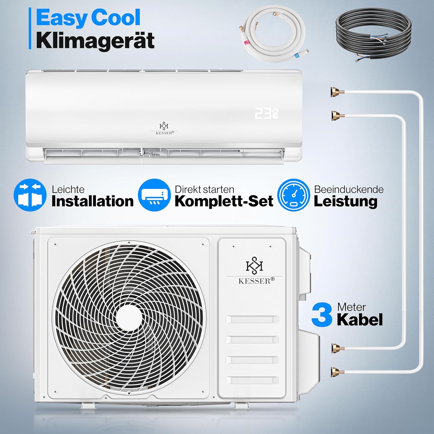 KESSER Split‑Klimaanlage WiFi, A+++ Kühlung, A+ Heizung, R32