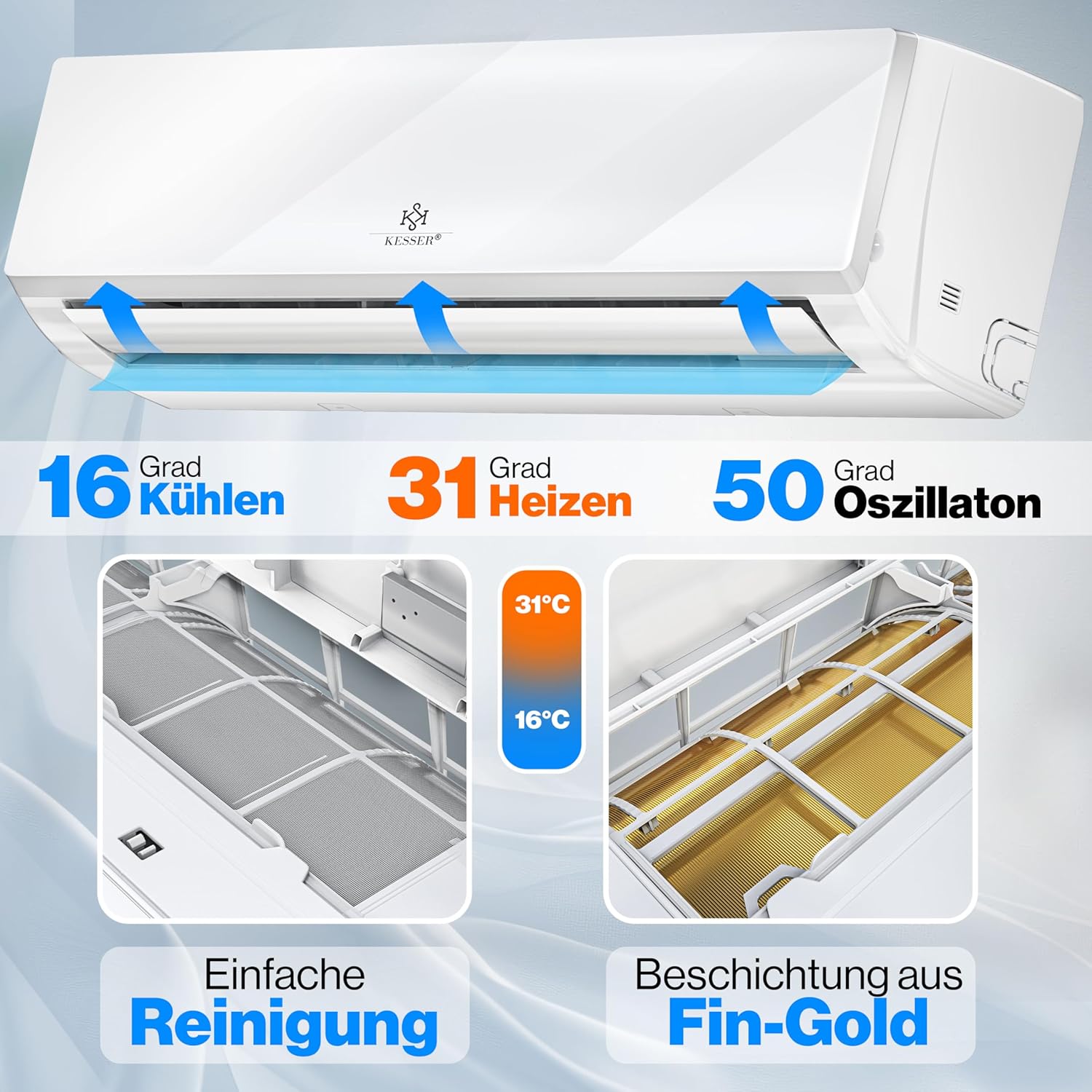 KESSER Split‑Klimaanlage WiFi, A+++ Kühlung, A+ Heizung, R32