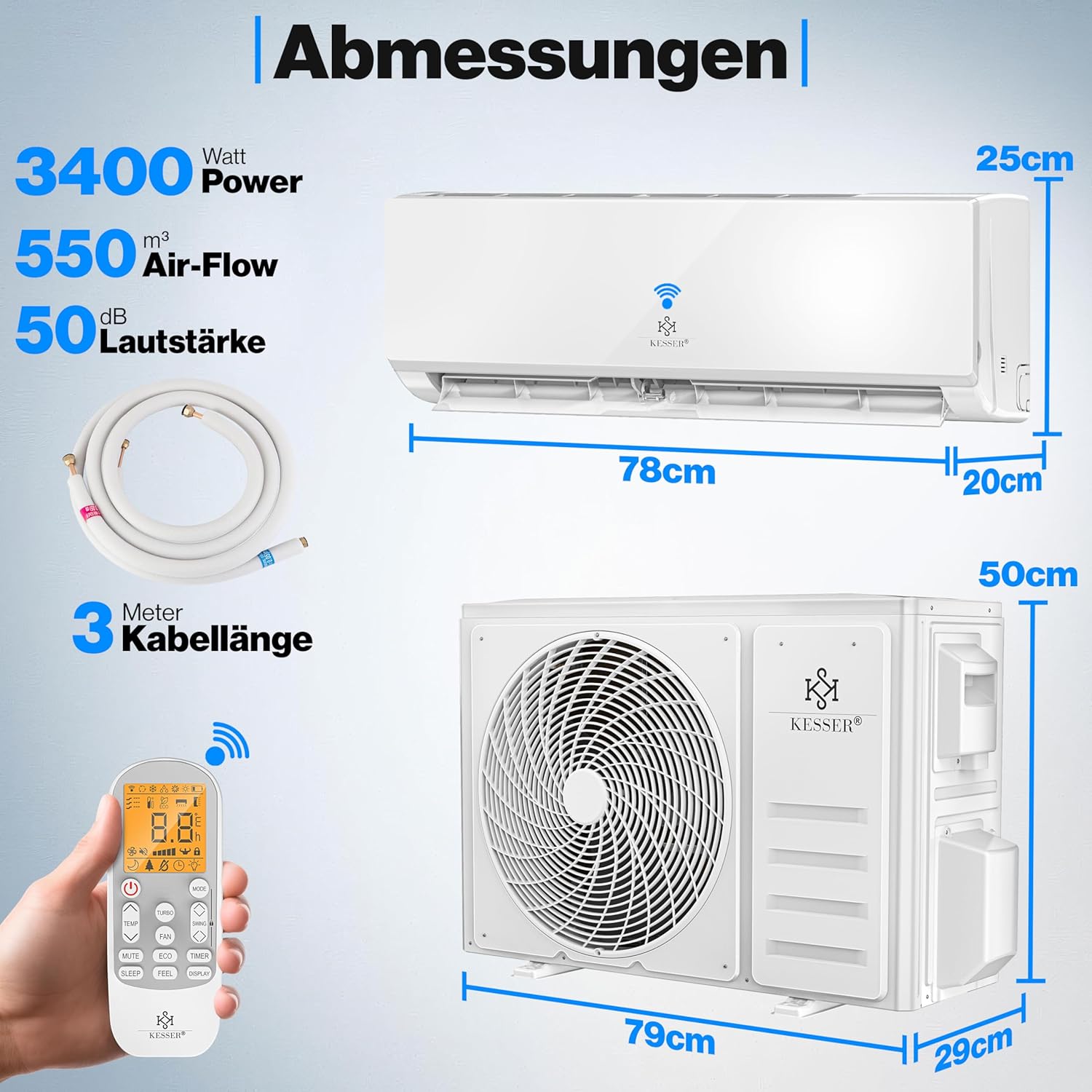 KESSER Split‑Klimaanlage WiFi, A+++ Kühlung, A+ Heizung, R32