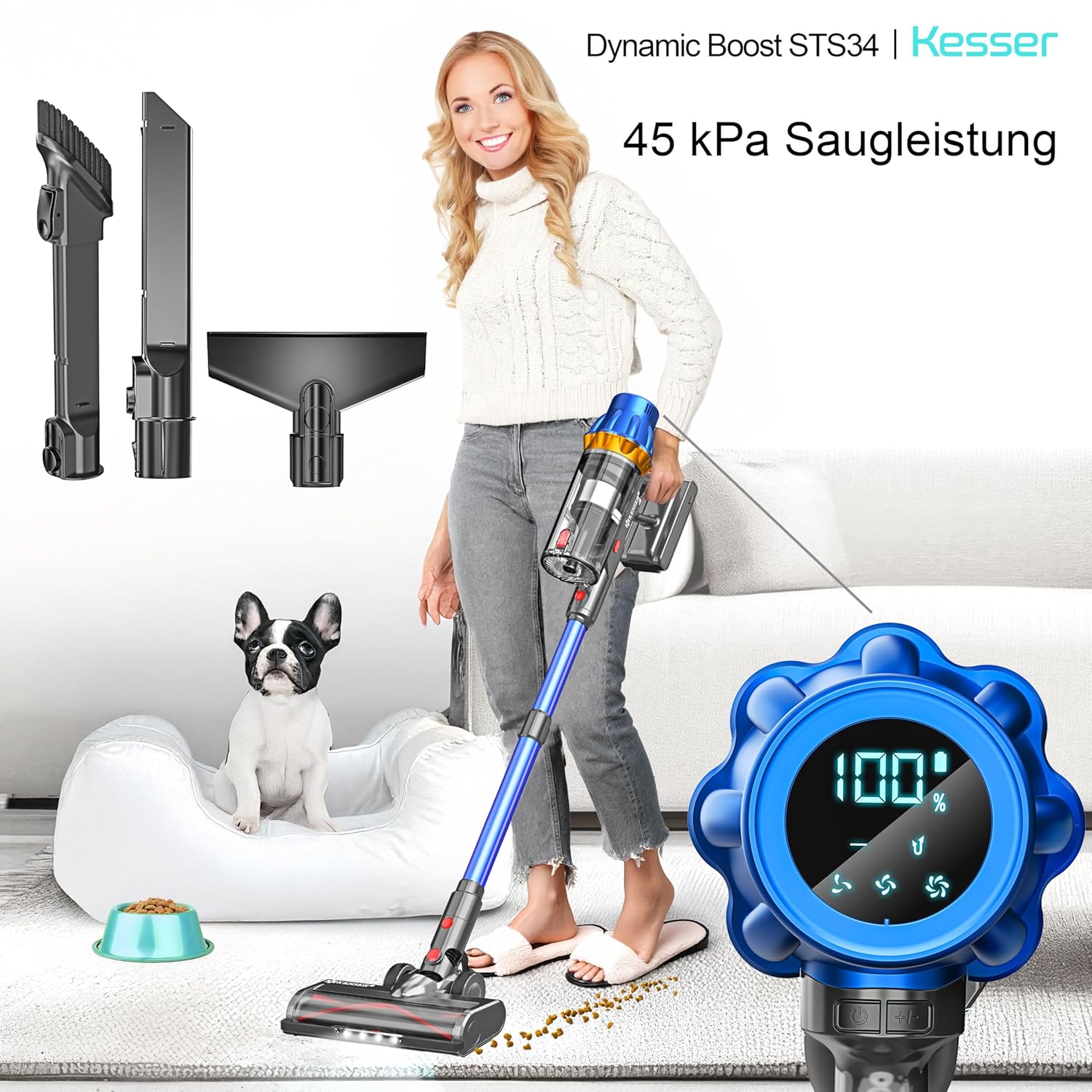 KESSER® Stick-Sauger 70 Min. Laufzeit, leise, LED‑Anzeige, Anti‑Knoten‑Bodenbürste
