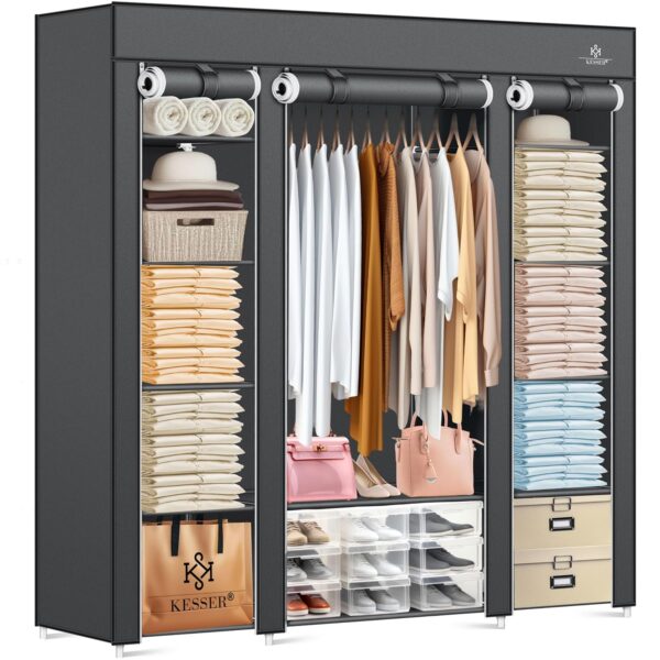KESSER® Stoffgarderobe, faltbar, mit Kleiderstange, Regalen & 5 Haken – 150x45x175 cm