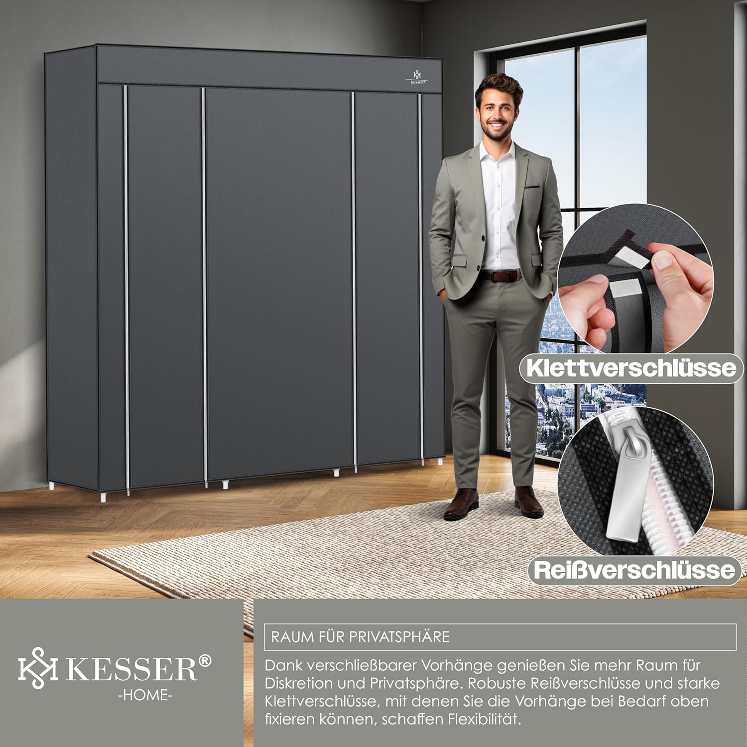 KESSER® Stoffschrank mit Kleiderstange, Regalen, 5 Haken – 150 × 45 × 175 cm
