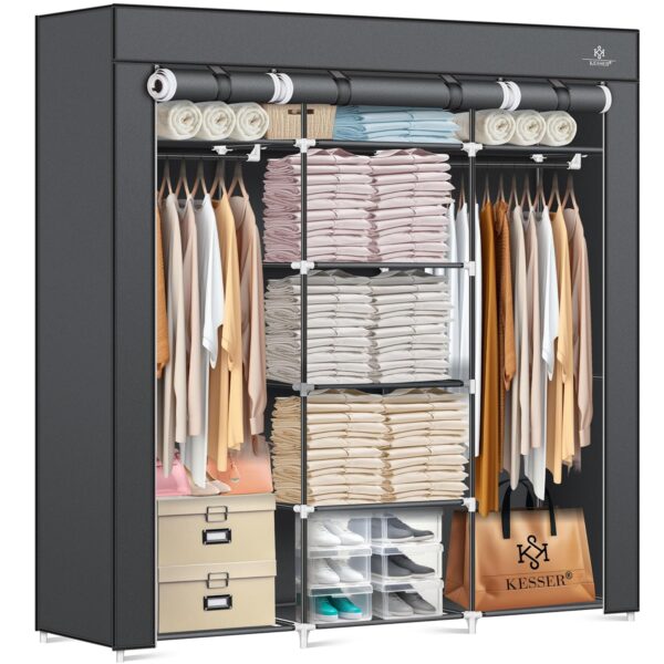 KESSER® Stoffschrank mit Kleiderstange, Regalen, 5 Haken – 150 × 45 × 175 cm