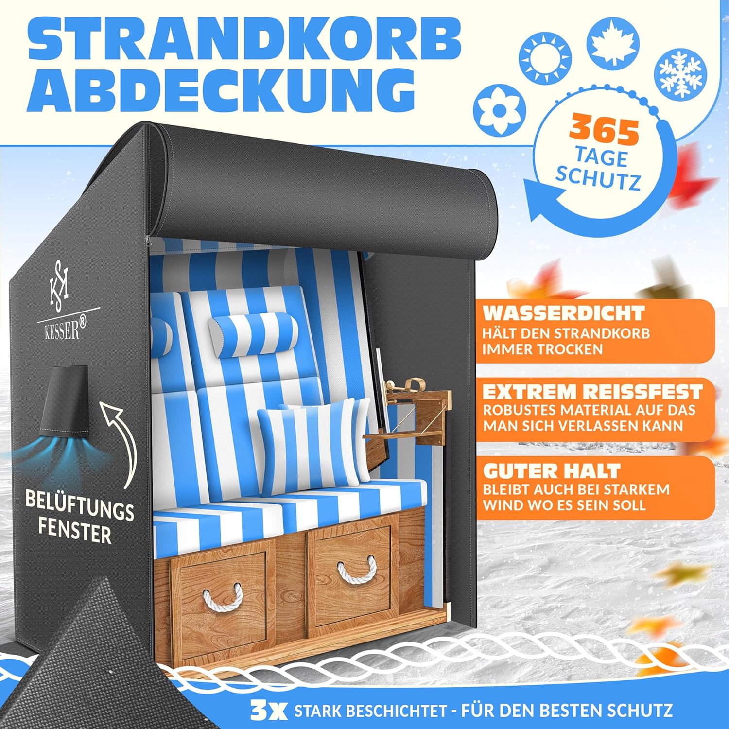 KESSER® Strandstuhl‑Abdeckung Ventiliert, wasserdicht, UV‑beständig, 600D Oxford