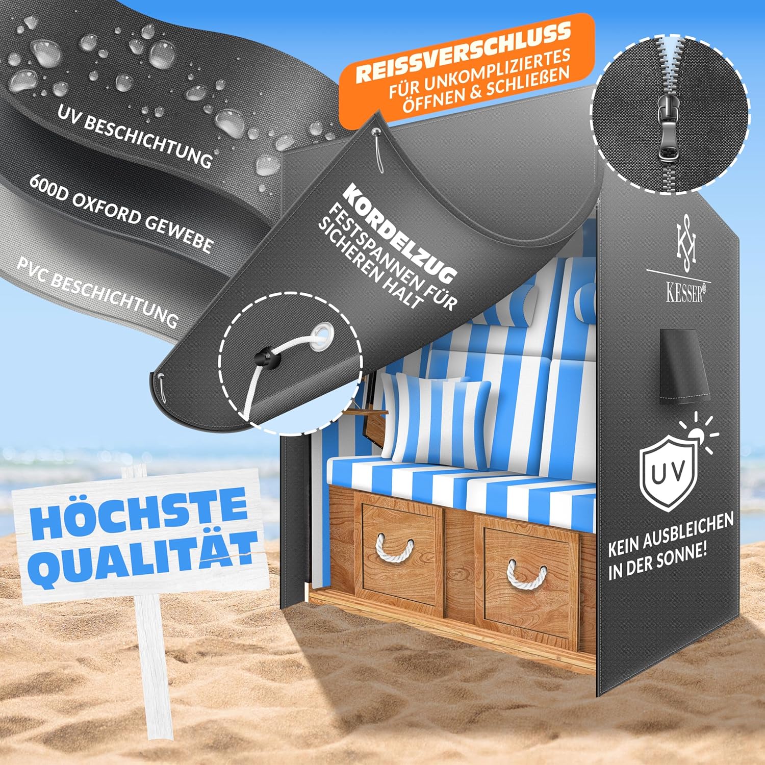 KESSER® Strandstuhl‑Abdeckung Ventiliert, wasserdicht, UV‑beständig, 600D Oxford