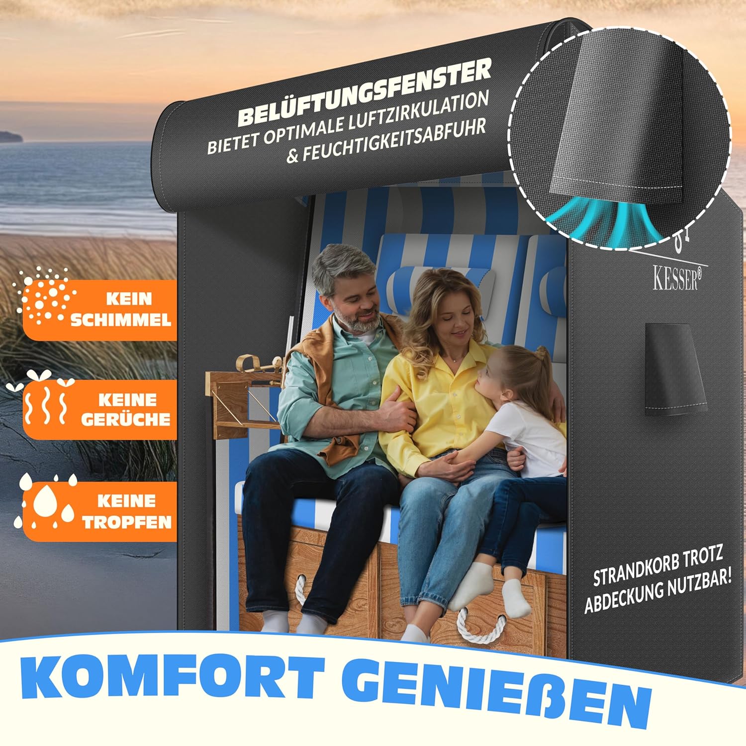 KESSER® Strandstuhl‑Abdeckung Ventiliert, wasserdicht, UV‑beständig, 600D Oxford