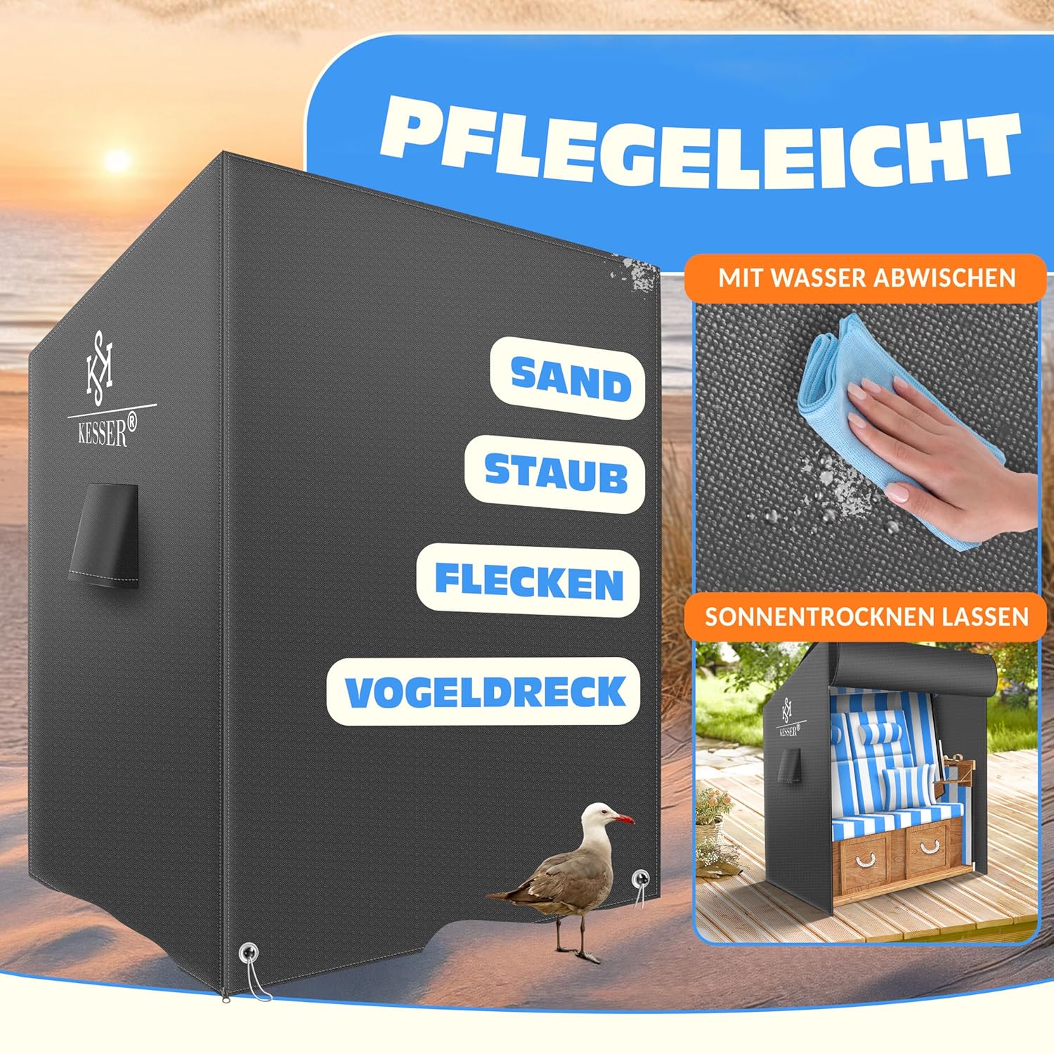 KESSER® Strandstuhl‑Abdeckung Ventiliert, wasserdicht, UV‑beständig, 600D Oxford