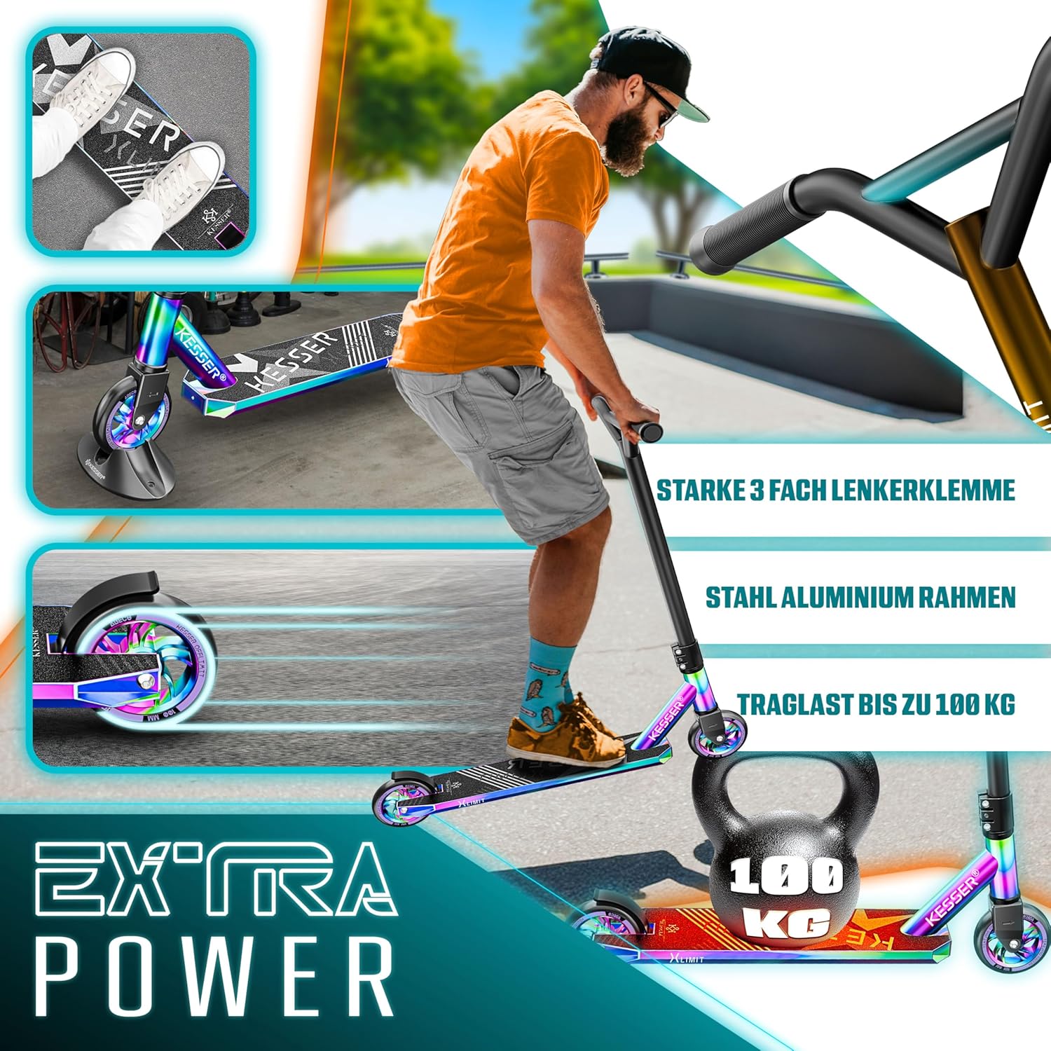 KESSER Stunt Scooter X‑Limit 360° Lenkung, ABEC 9 Kugellager, 100 mm PU Räder