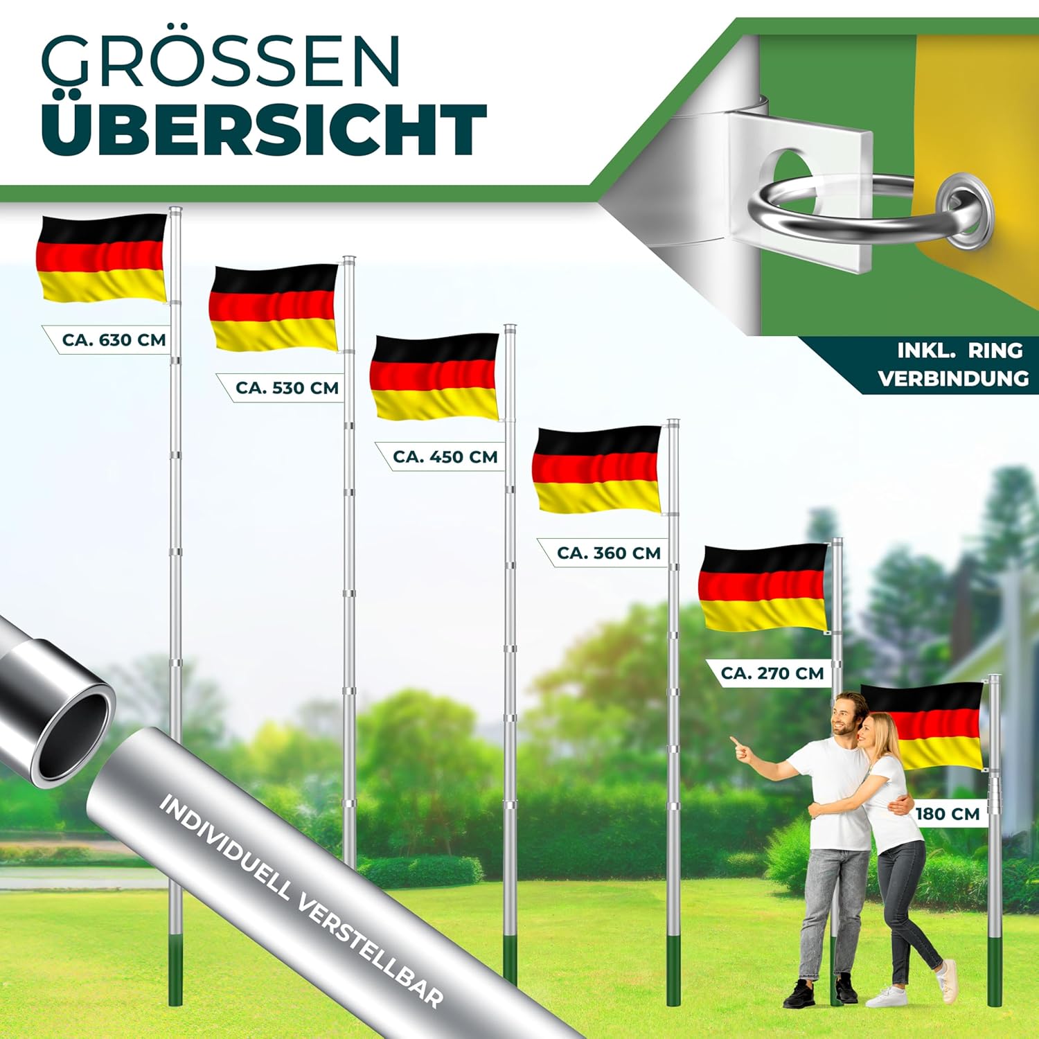 KESSER® Teleskop‑Flaggenschlange Aluminium 6,30 m – 60 cm Bodenring, einstellbar, Silber