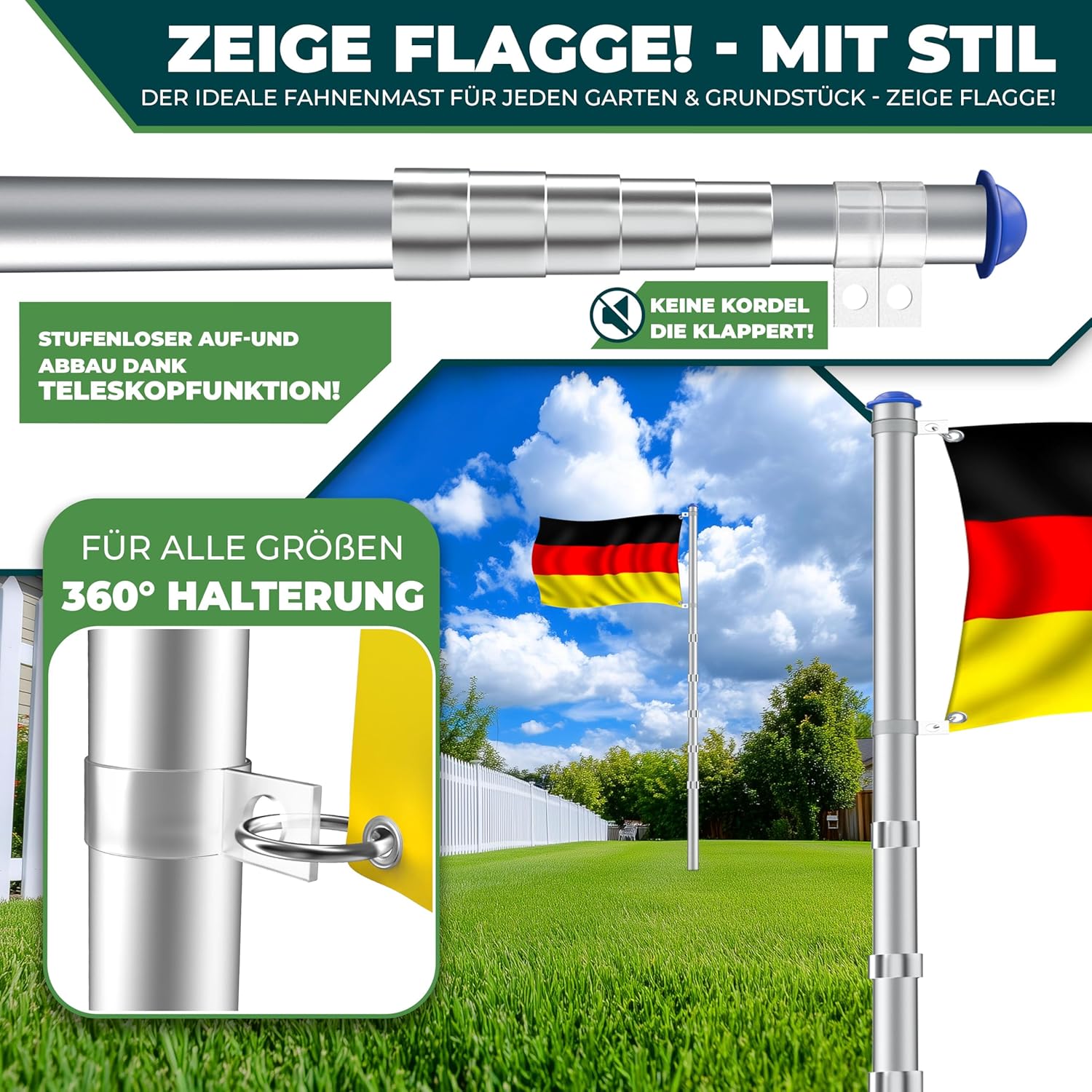 KESSER® Teleskop‑Flaggenschlange Aluminium 6,30 m – 60 cm Bodenring, einstellbar, Silber