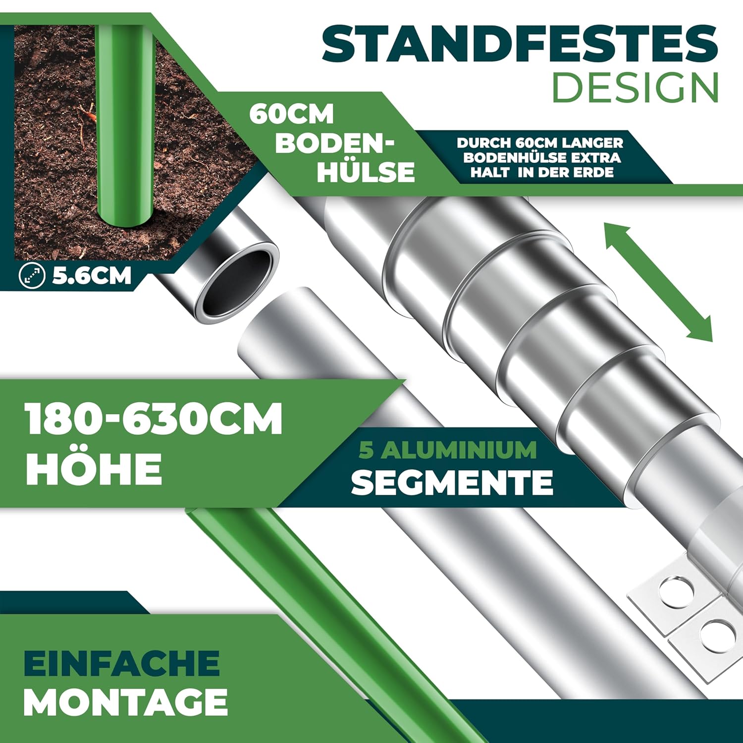 KESSER® Teleskop‑Flaggenschlange Aluminium 6,30 m – 60 cm Bodenring, einstellbar, Silber