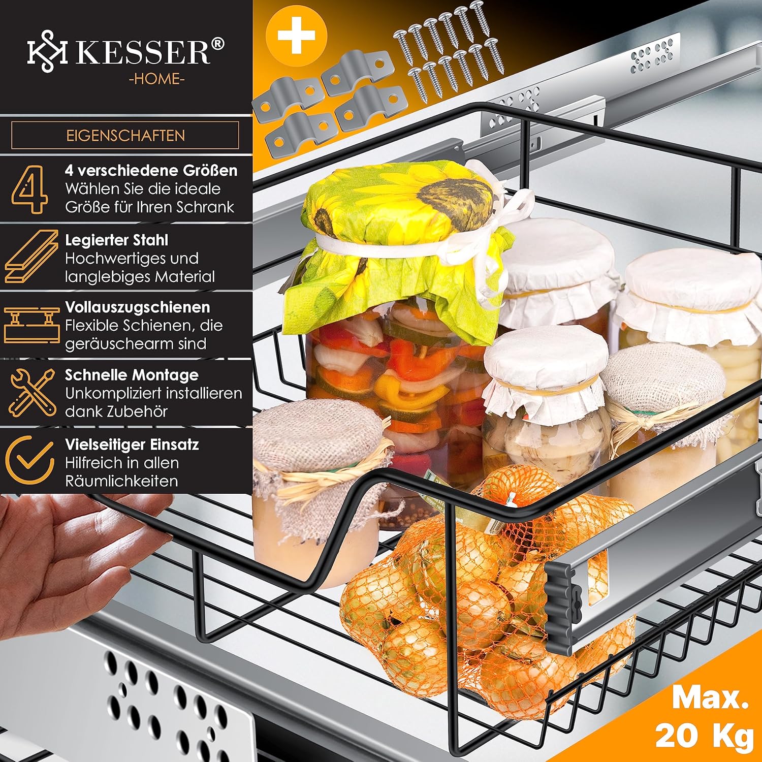 KESSER® Teleskopregal 4x60 cm – Vollauslauf, Schubladenrolle, Küche