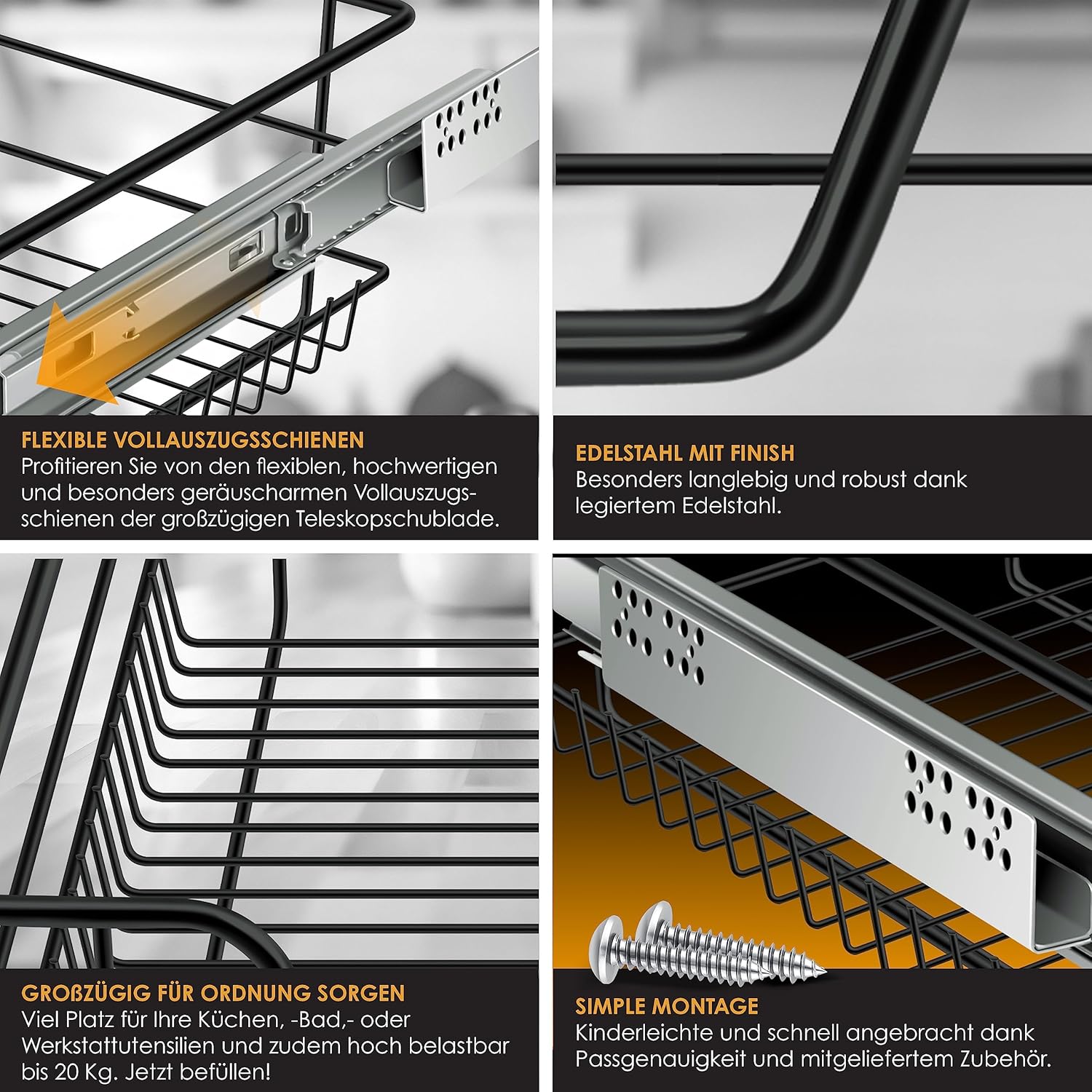 KESSER® Teleskopregal 4x60 cm – Vollauslauf, Schubladenrolle, Küche