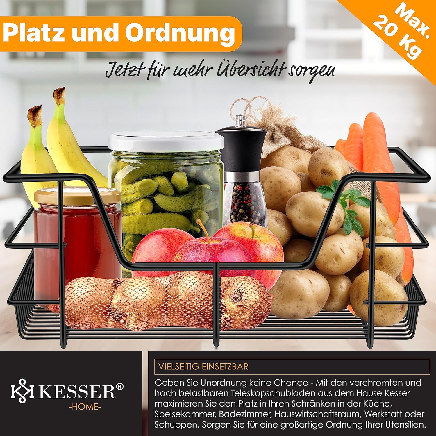 KESSER® Teleskopregal 4x60 cm – Vollauslauf, Schubladenrolle, Küche