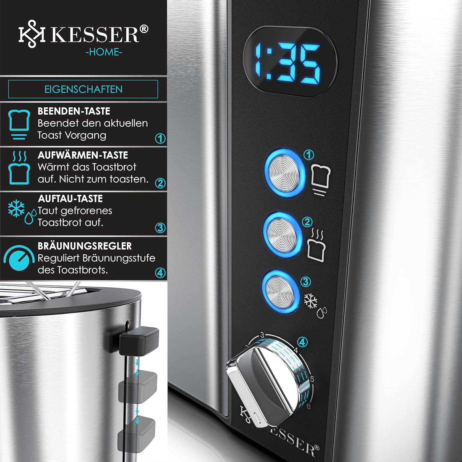 KESSER® Toaster 4 Scheiben, Brötchen-Anhänger, 6 Bräunungsstufen, Defrost/Reheat, Auto‑Abschaltung