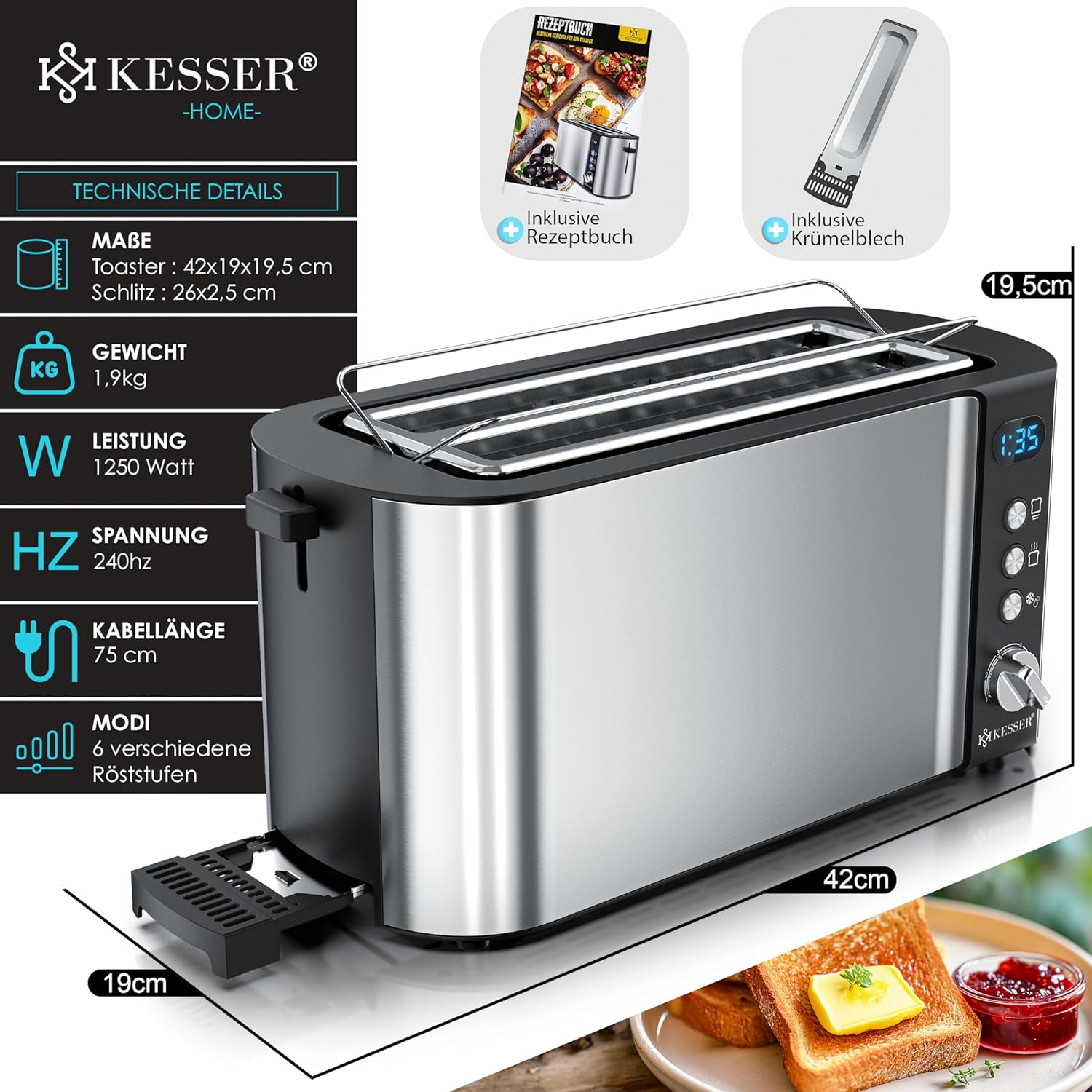 KESSER® Toaster 4 Scheiben, Brötchen-Anhänger, 6 Bräunungsstufen, Defrost/Reheat, Auto‑Abschaltung