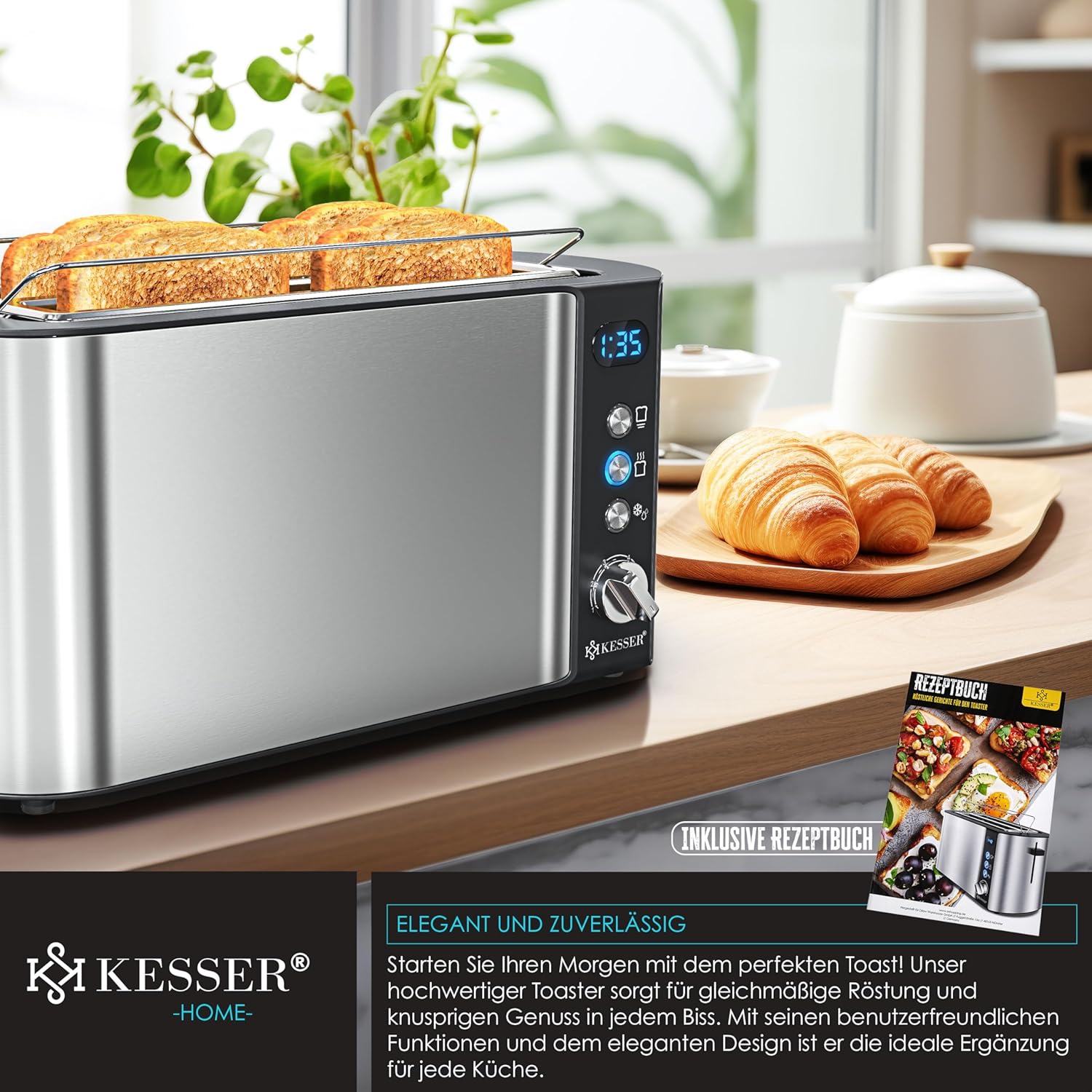 KESSER® Toaster 4 Scheiben, Brötchen-Anhänger, 6 Bräunungsstufen, Defrost/Reheat, Auto‑Abschaltung