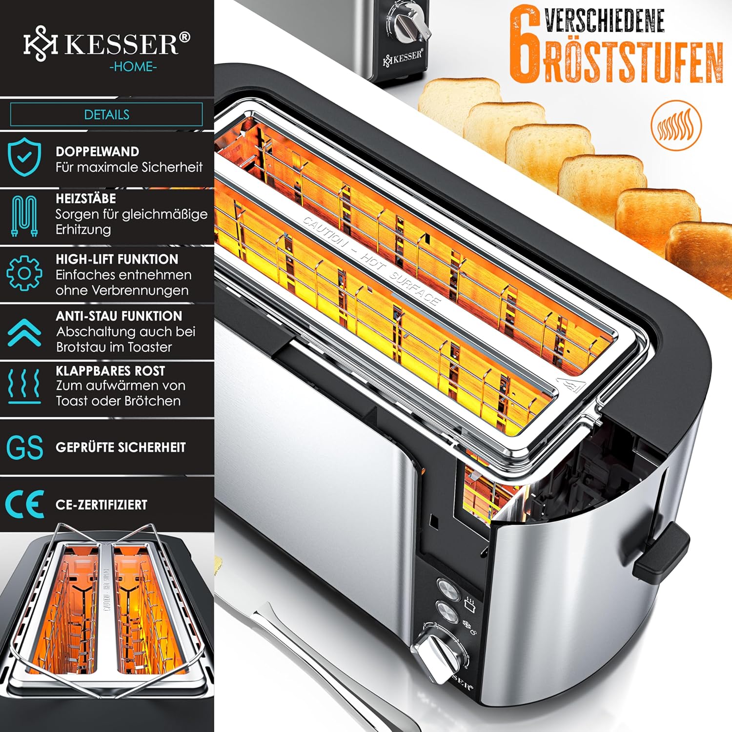 KESSER® Toaster 4 Scheiben, Brötchen-Anhänger, 6 Bräunungsstufen, Defrost/Reheat, Auto‑Abschaltung