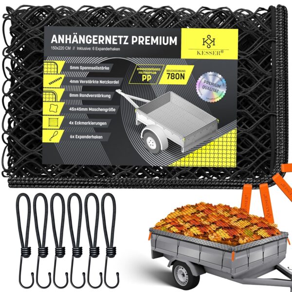 KESSER® Trailer-Net 1,5×2,2 m Feinmaschig, Spannseil, Kantenmarkierungen