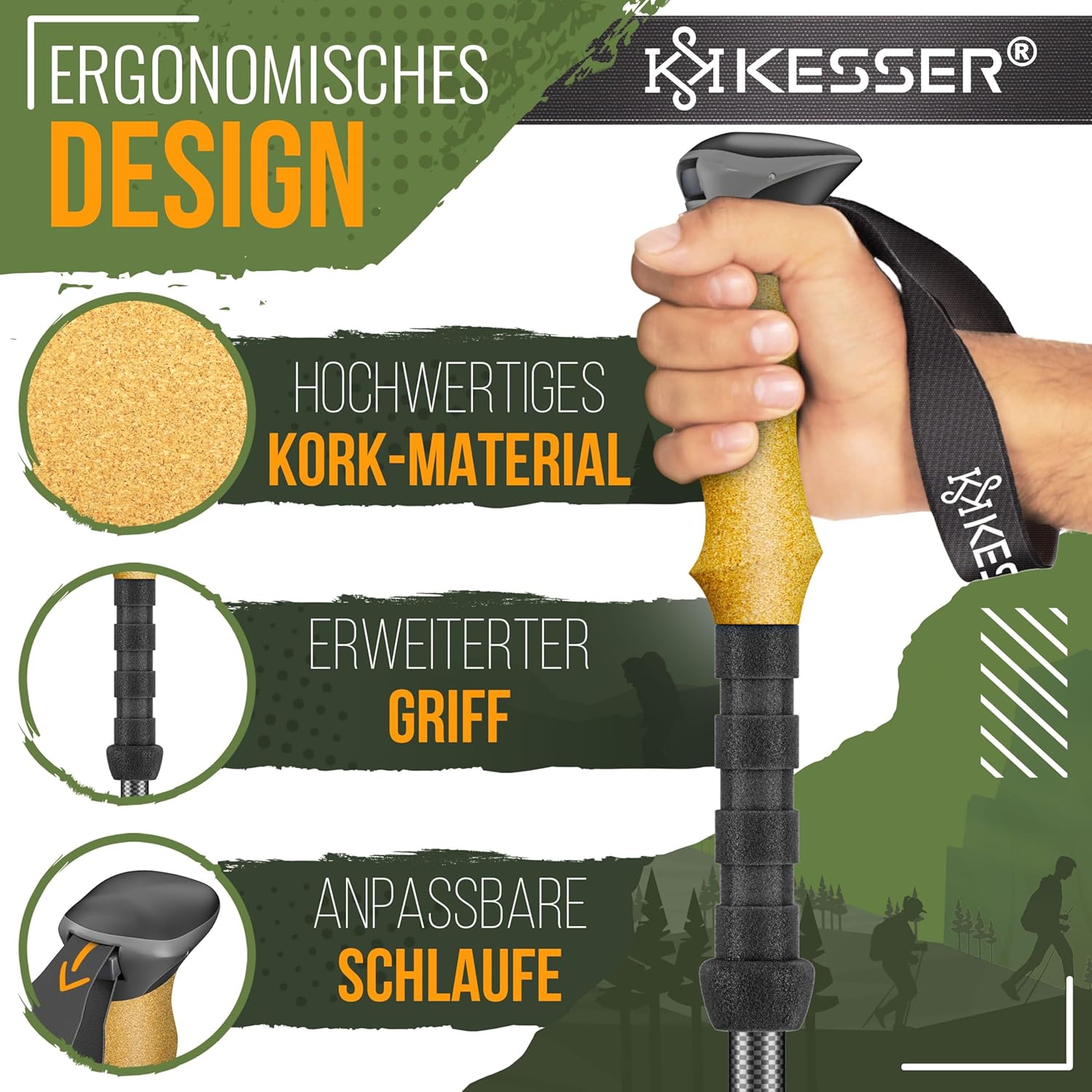 KESSER® Trekkingstöcke Aluminium/Carbon mit Korkgriff, teleskopisch, für Männer & Frauen