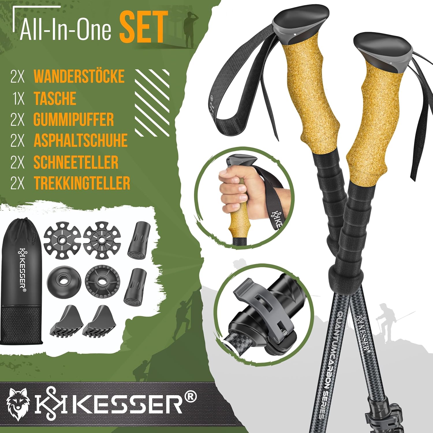 KESSER® Trekkingstöcke Aluminium/Carbon mit Korkgriff, teleskopisch, für Männer & Frauen