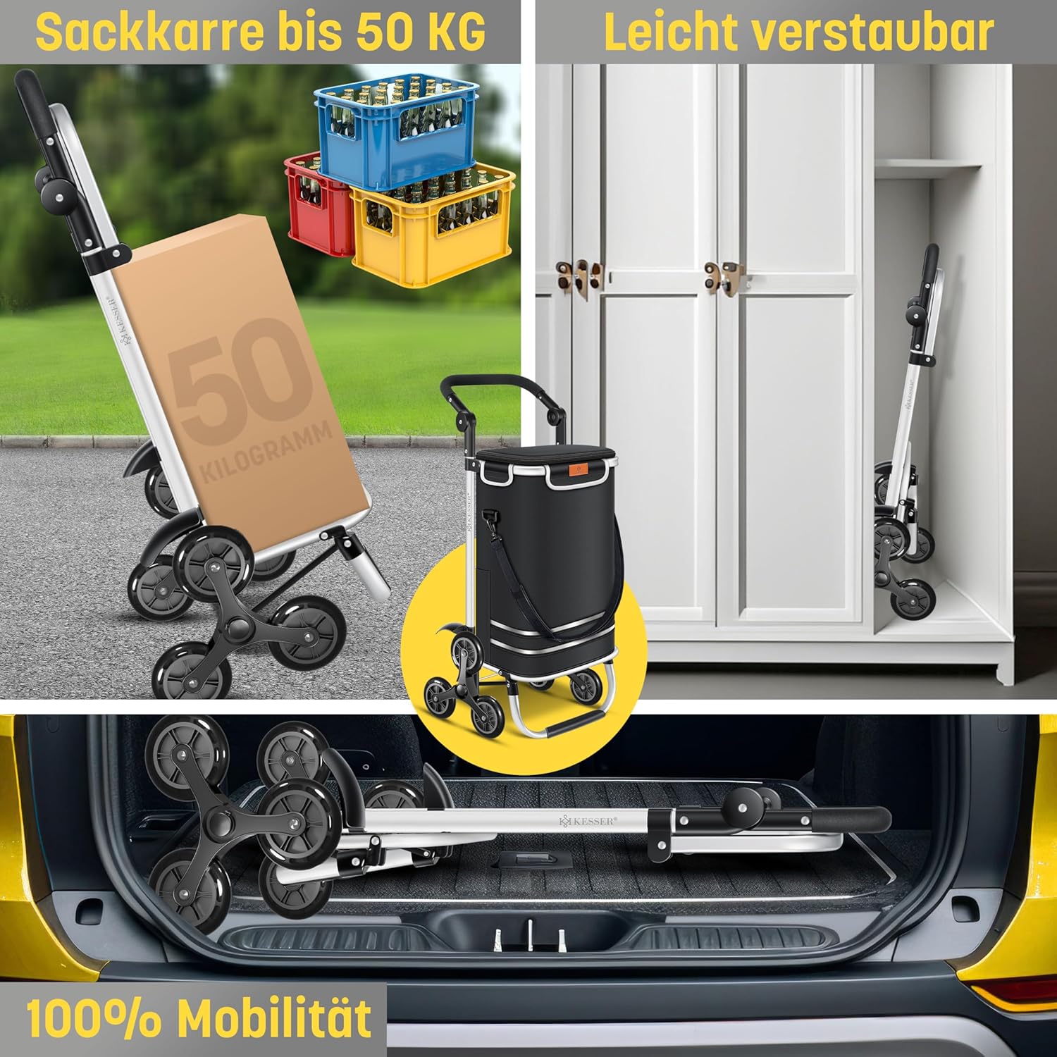 KESSER® Treppensteiger‑Einkaufswagen 56 L, Kühlfach, 50 kg, faltbar