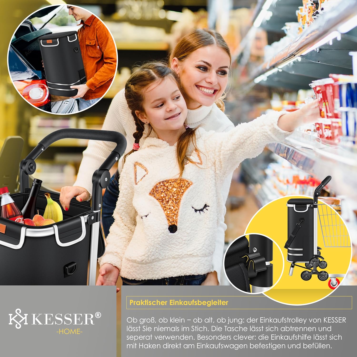 KESSER® Treppensteiger‑Einkaufswagen 56 L, Kühlfach, 50 kg, faltbar