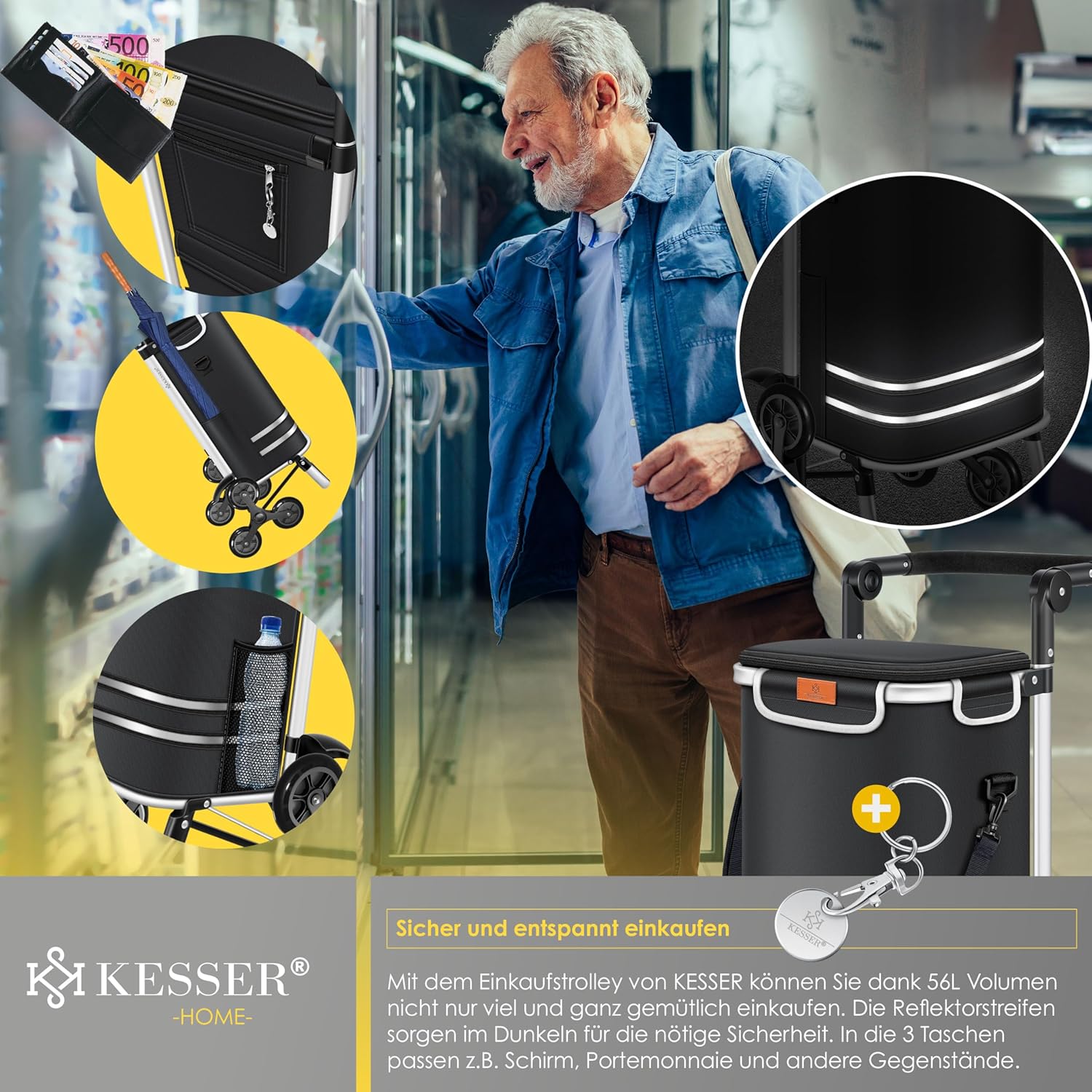 KESSER® Treppensteiger‑Einkaufswagen 56 L, Kühlfach, 50 kg, faltbar