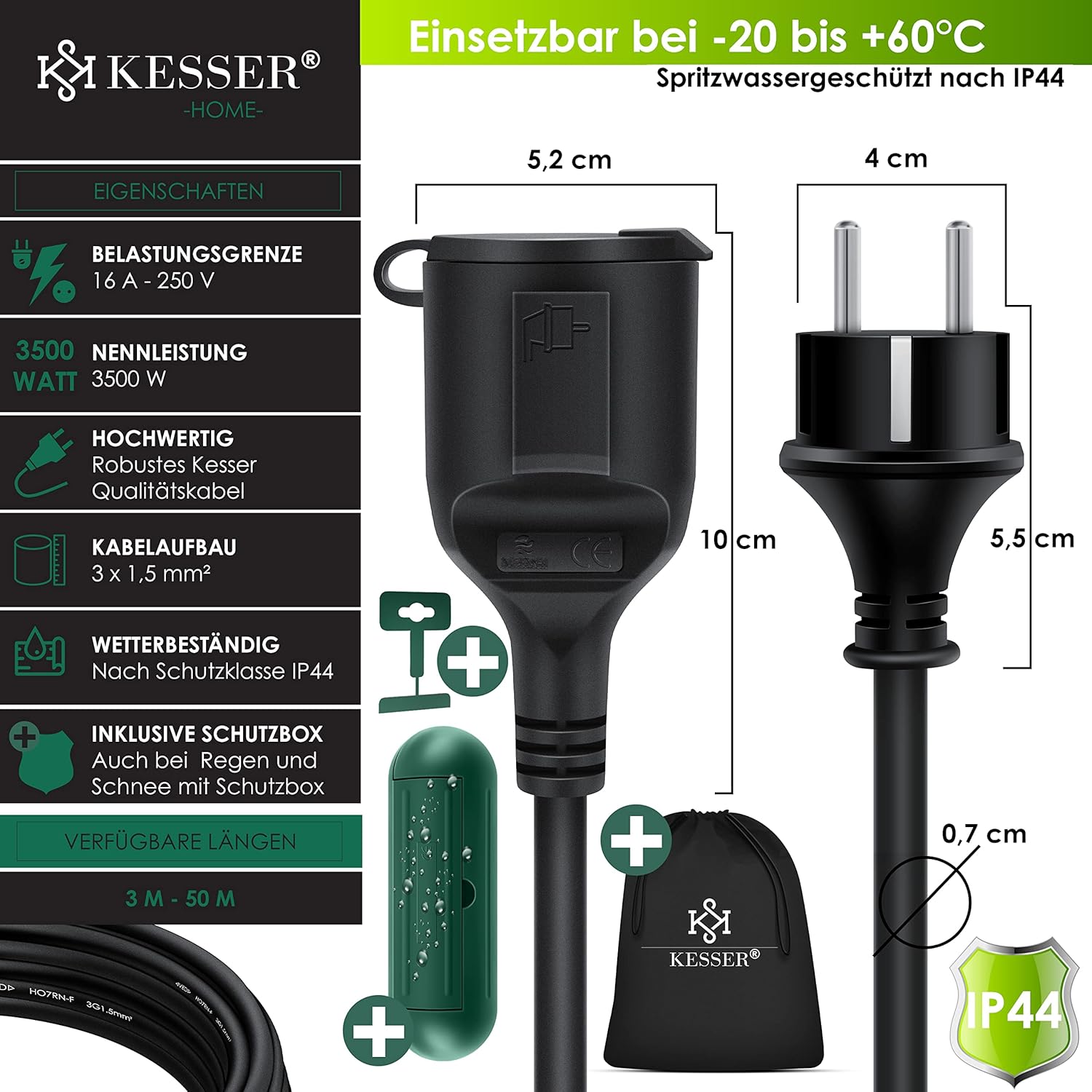 KESSER® Verlängerungskabel 30 m IP44 Schuko – wetterfest, Baustellen & Innen/Outdoor