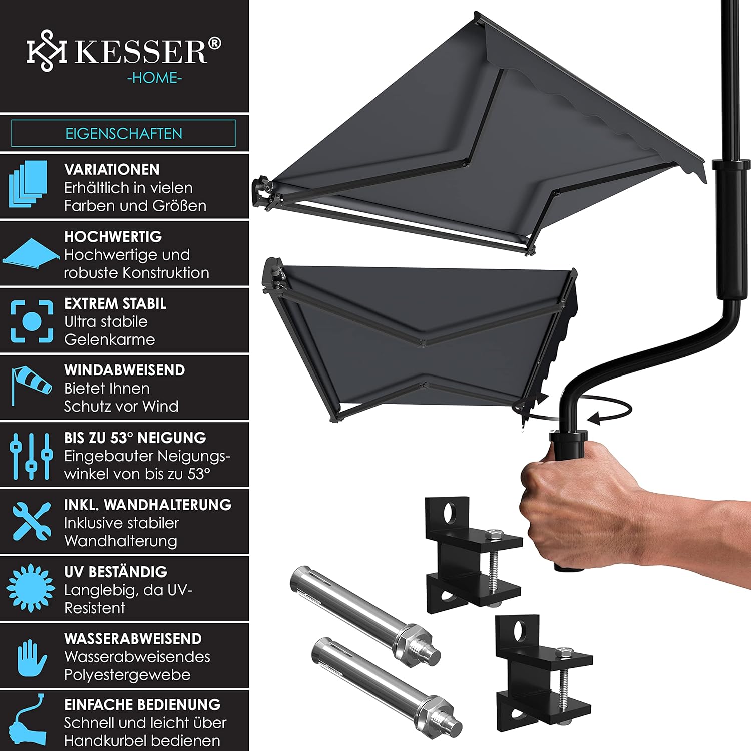 KESSER® verstellbarer Sonnenschirm 250x200 cm, wasserdicht, Wandmontage, Alu/Polyester Anthracit