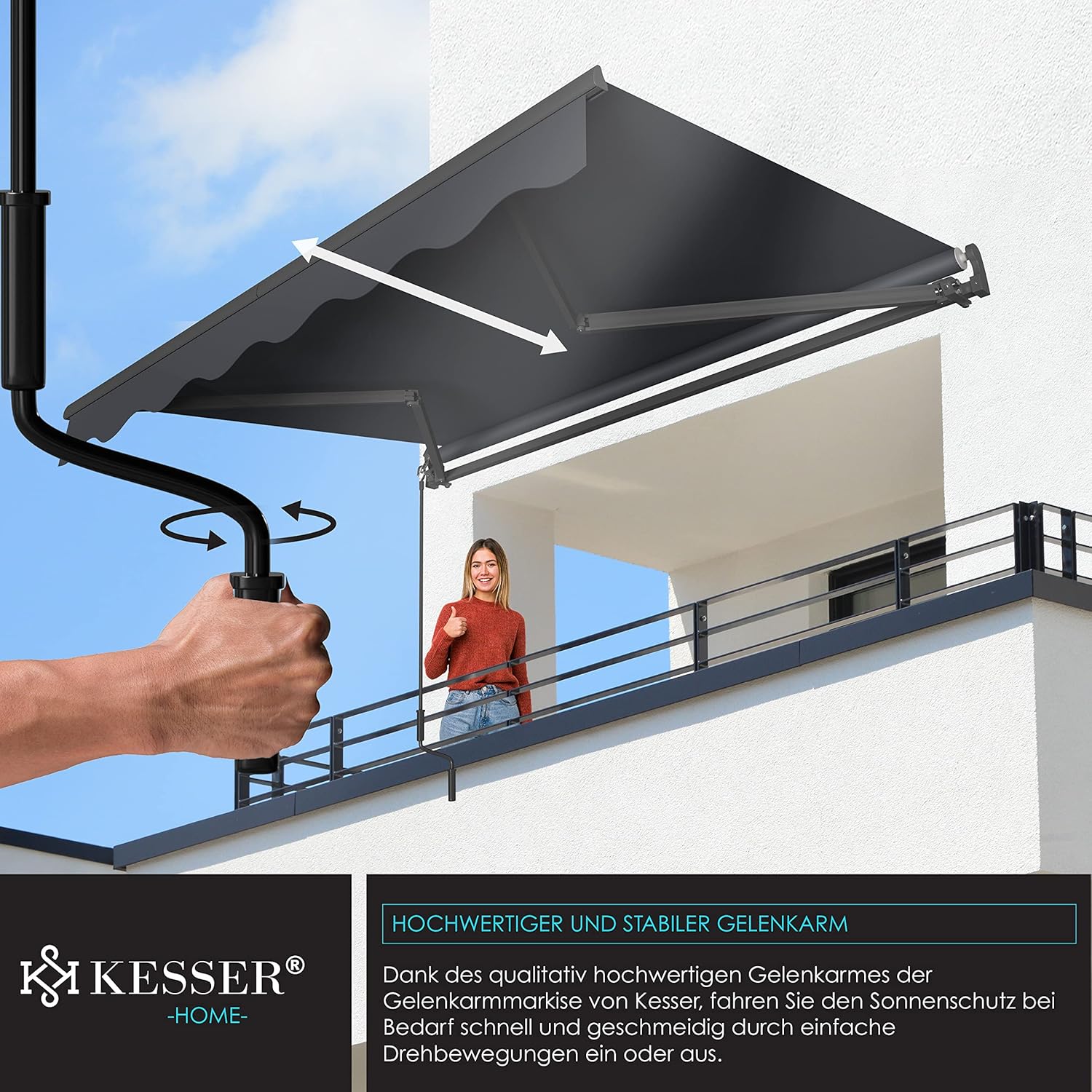 KESSER® verstellbarer Sonnenschirm 250x200 cm, wasserdicht, Wandmontage, Alu/Polyester Anthracit