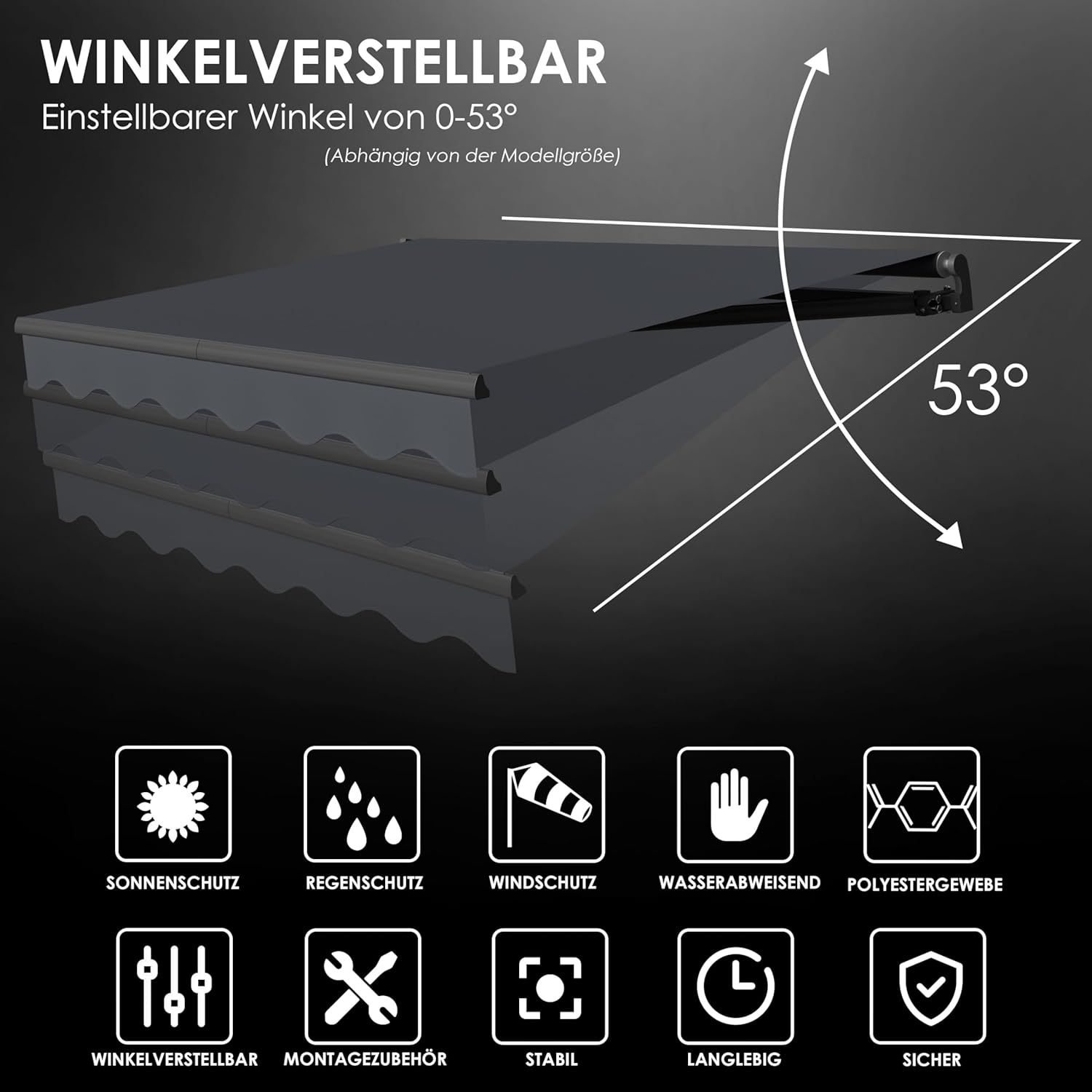 KESSER® verstellbarer Sonnenschirm 250x200 cm, wasserdicht, Wandmontage, Alu/Polyester Anthracit