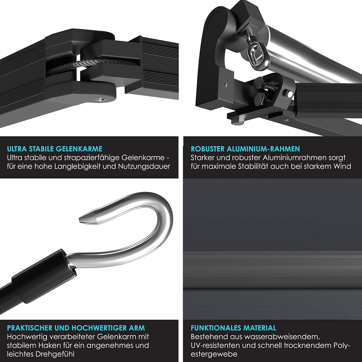 KESSER® verstellbarer Sonnenschirm 250x200 cm, wasserdicht, Wandmontage, Alu/Polyester Anthracit