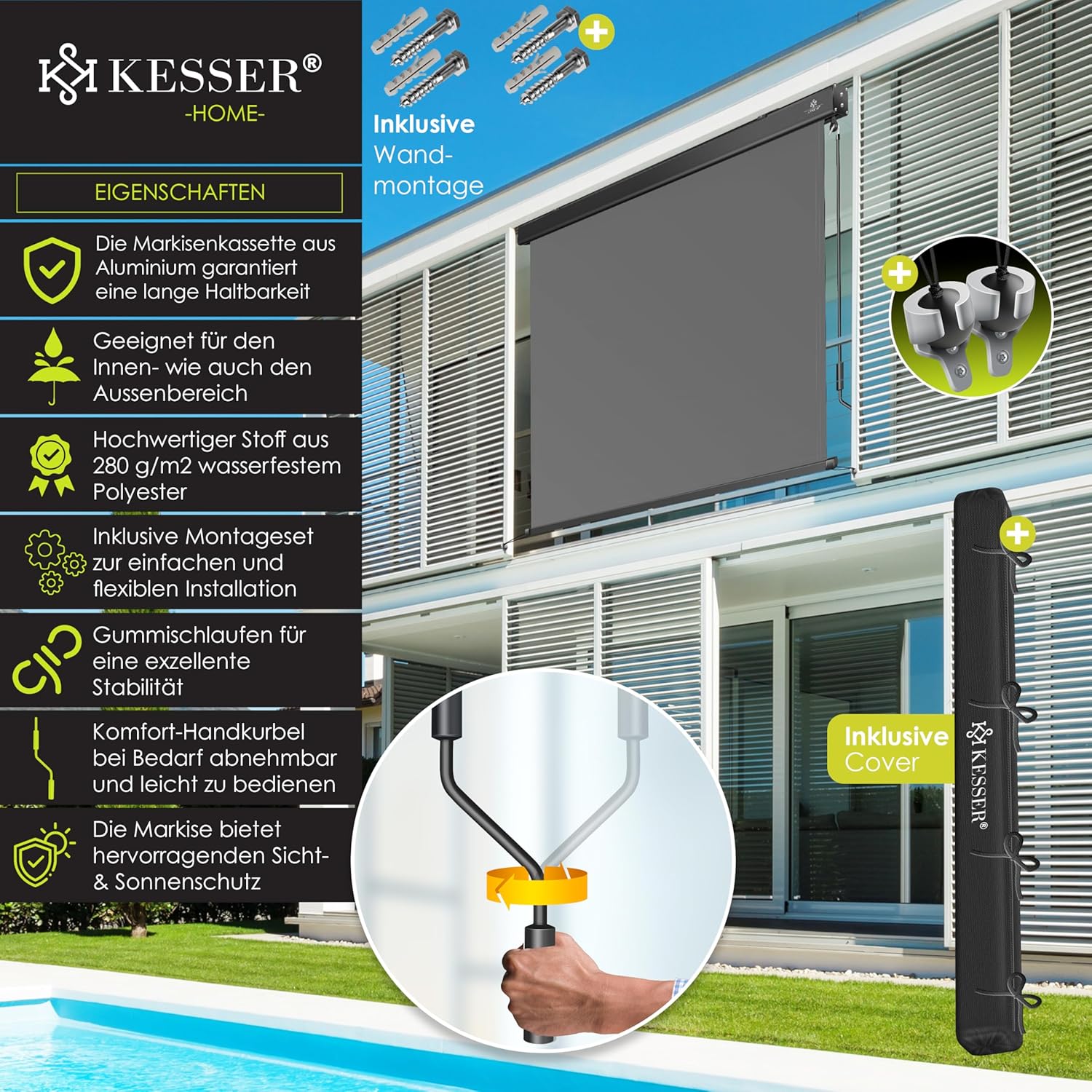 KESSER® Vertikalschattentuch 200x250 cm Handrad, Sonnenschutz, Privatsphäre