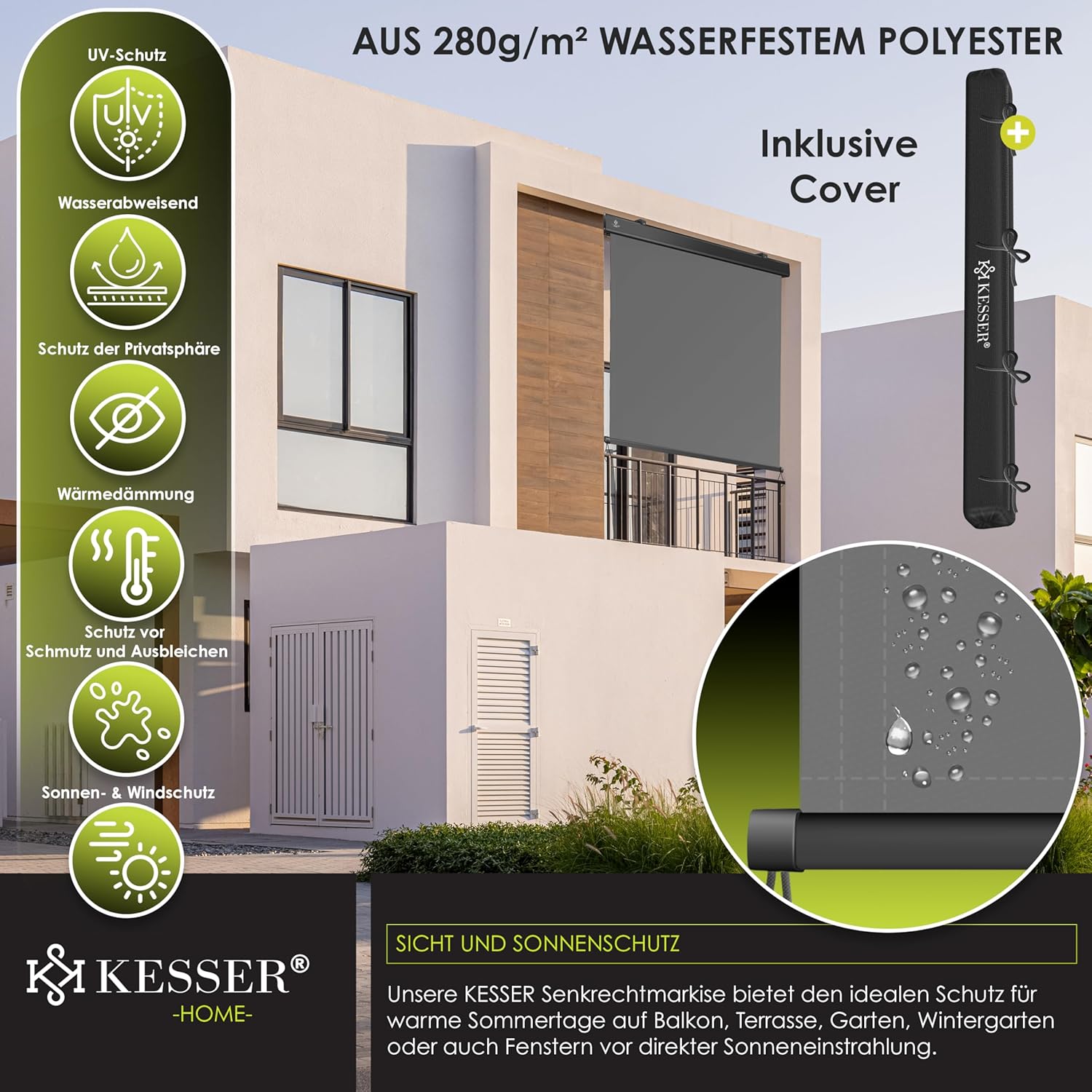 KESSER® Vertikalschattentuch 200x250 cm Handrad, Sonnenschutz, Privatsphäre