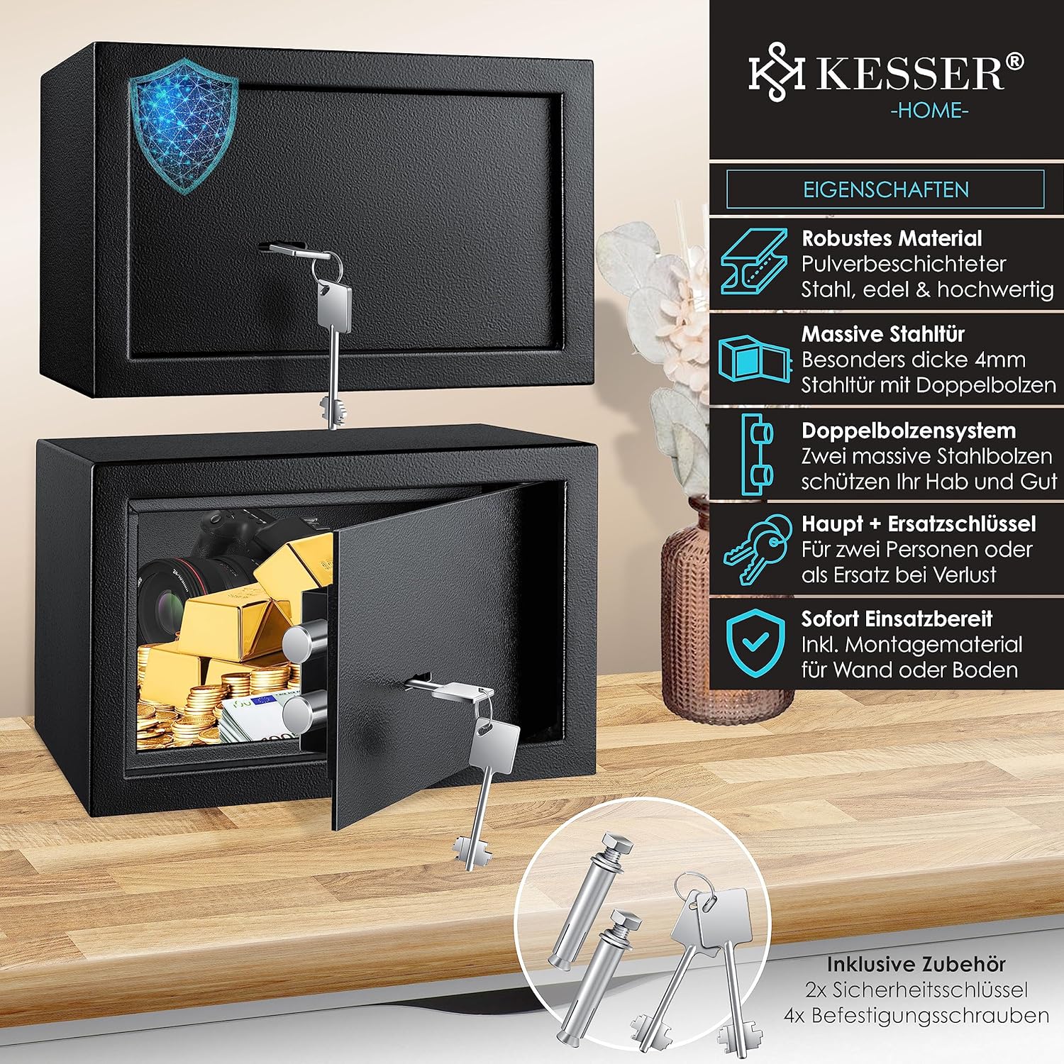 KESSER® Wandschließfach Doppelbit-Schloss 30x20x20cm, schwarz