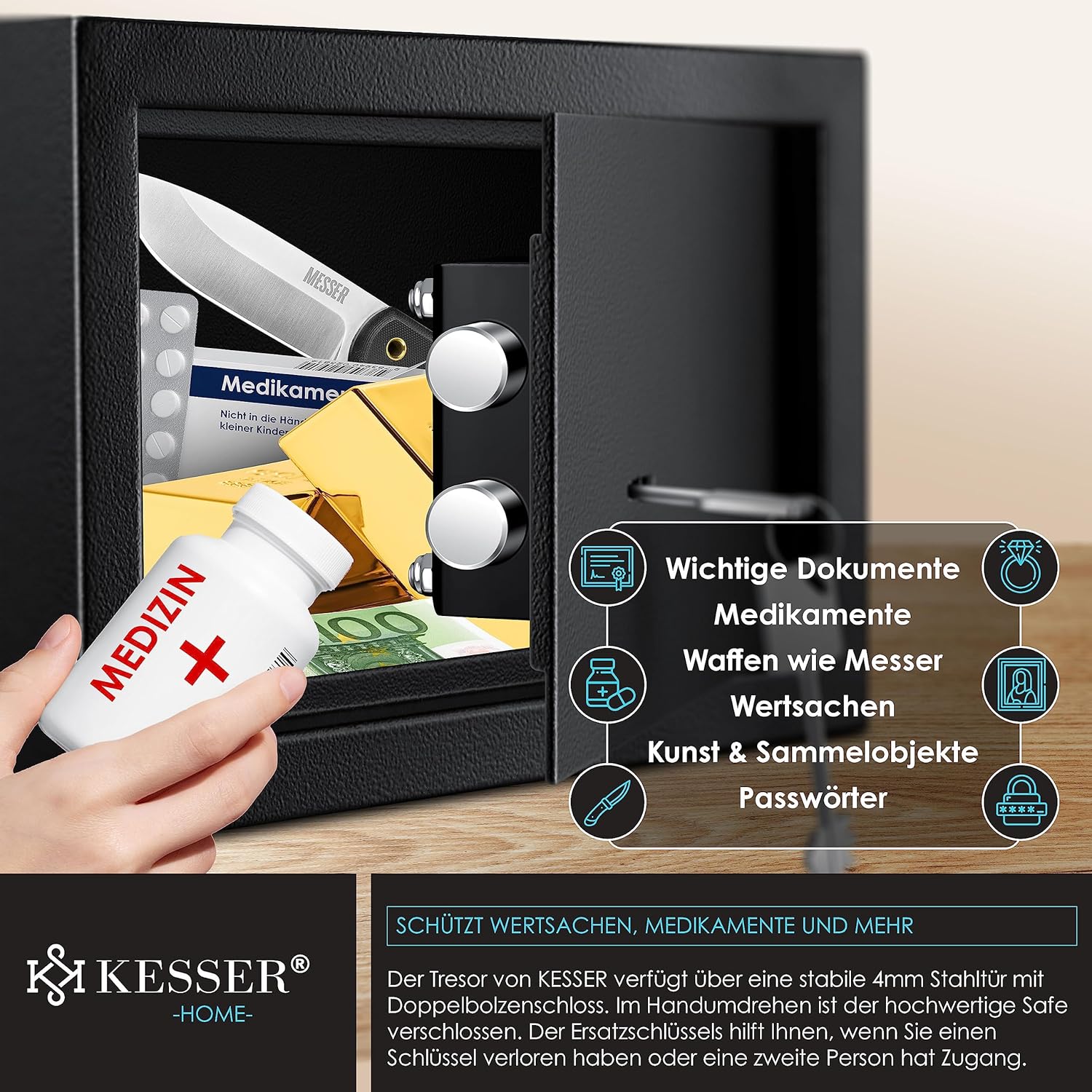 KESSER® Wandschließfach Doppelbit-Schloss 30x20x20cm, schwarz