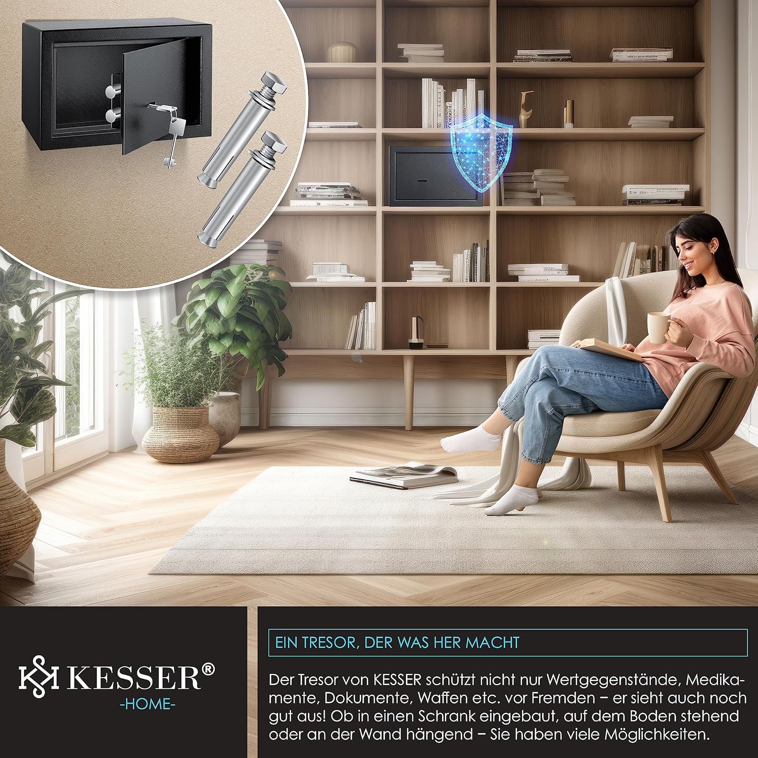 KESSER® Wandschließfach Doppelbit-Schloss 30x20x20cm, schwarz