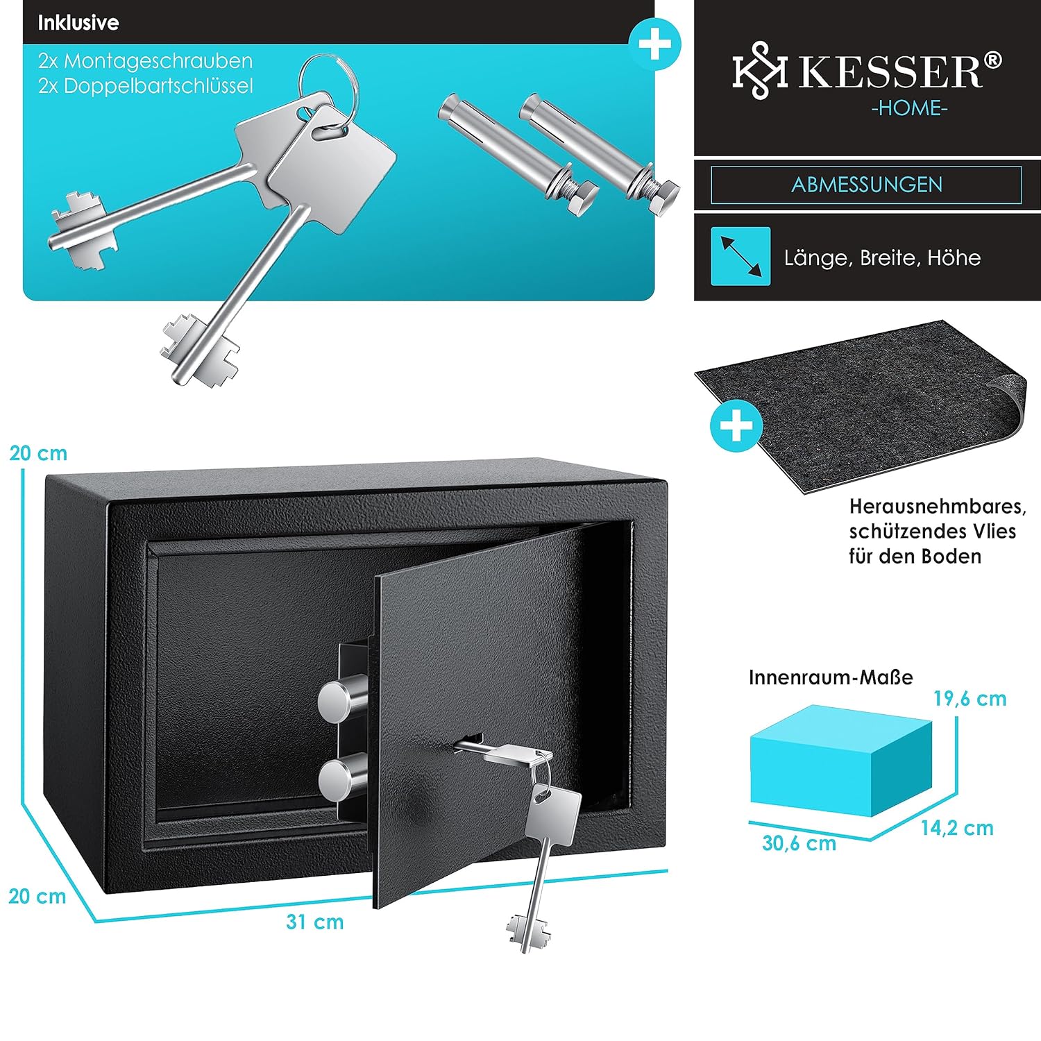 KESSER® Wandschließfach Doppelbit-Schloss 30x20x20cm, schwarz