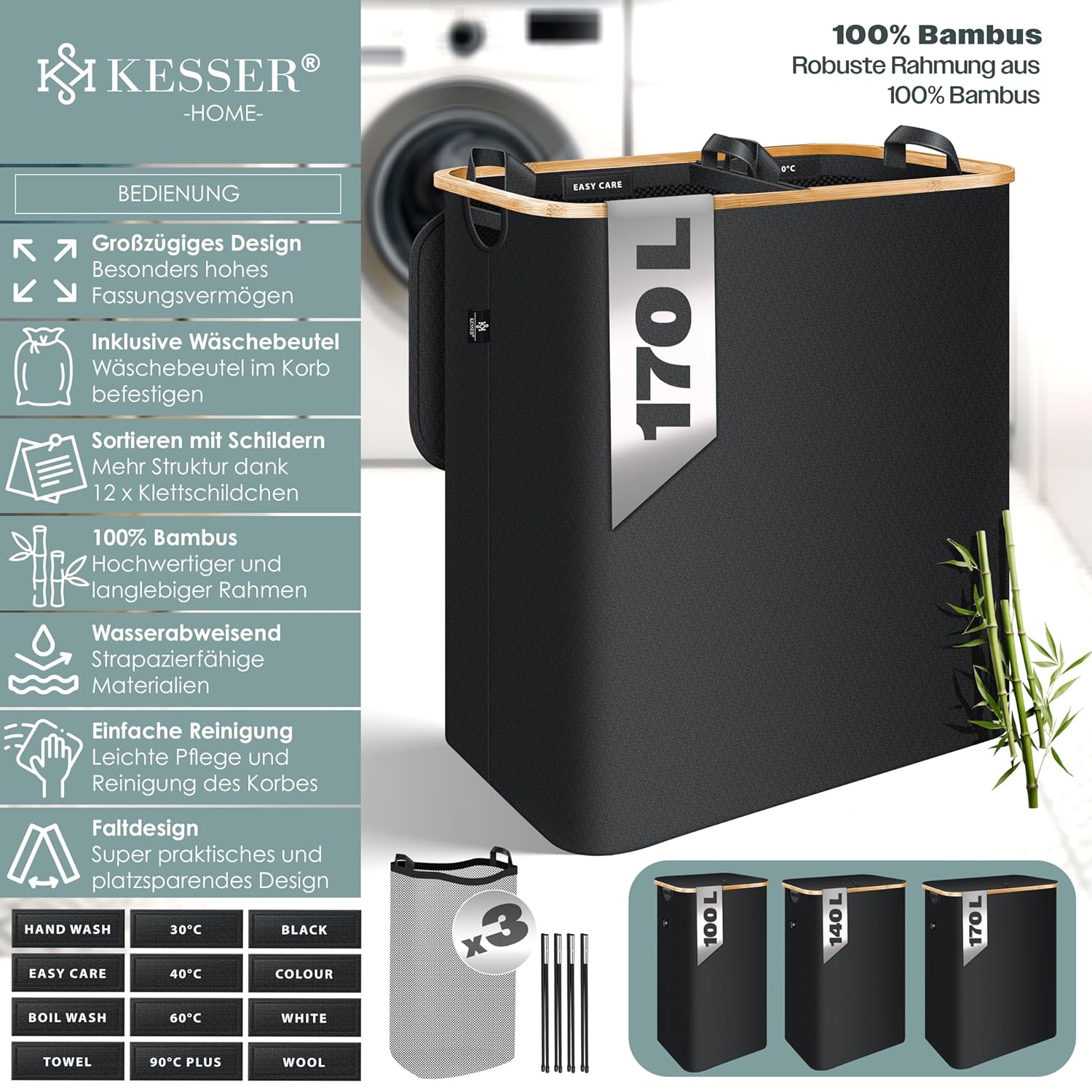 KESSER® Wäschekorb 170l, 2 Fächer, faltbar, Deckel, 3 abnehmbare Beutel