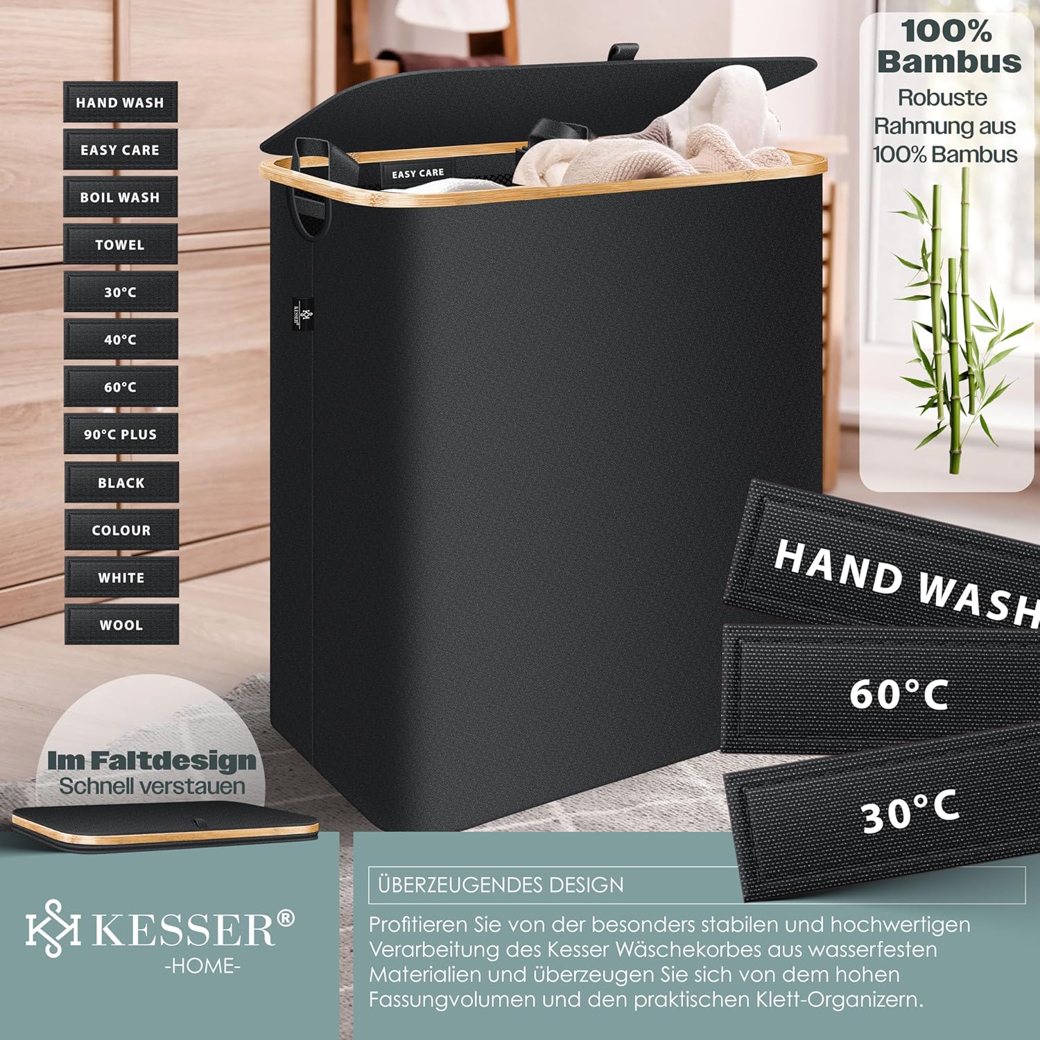 KESSER® Wäschekorb 170l, 2 Fächer, faltbar, Deckel, 3 abnehmbare Beutel