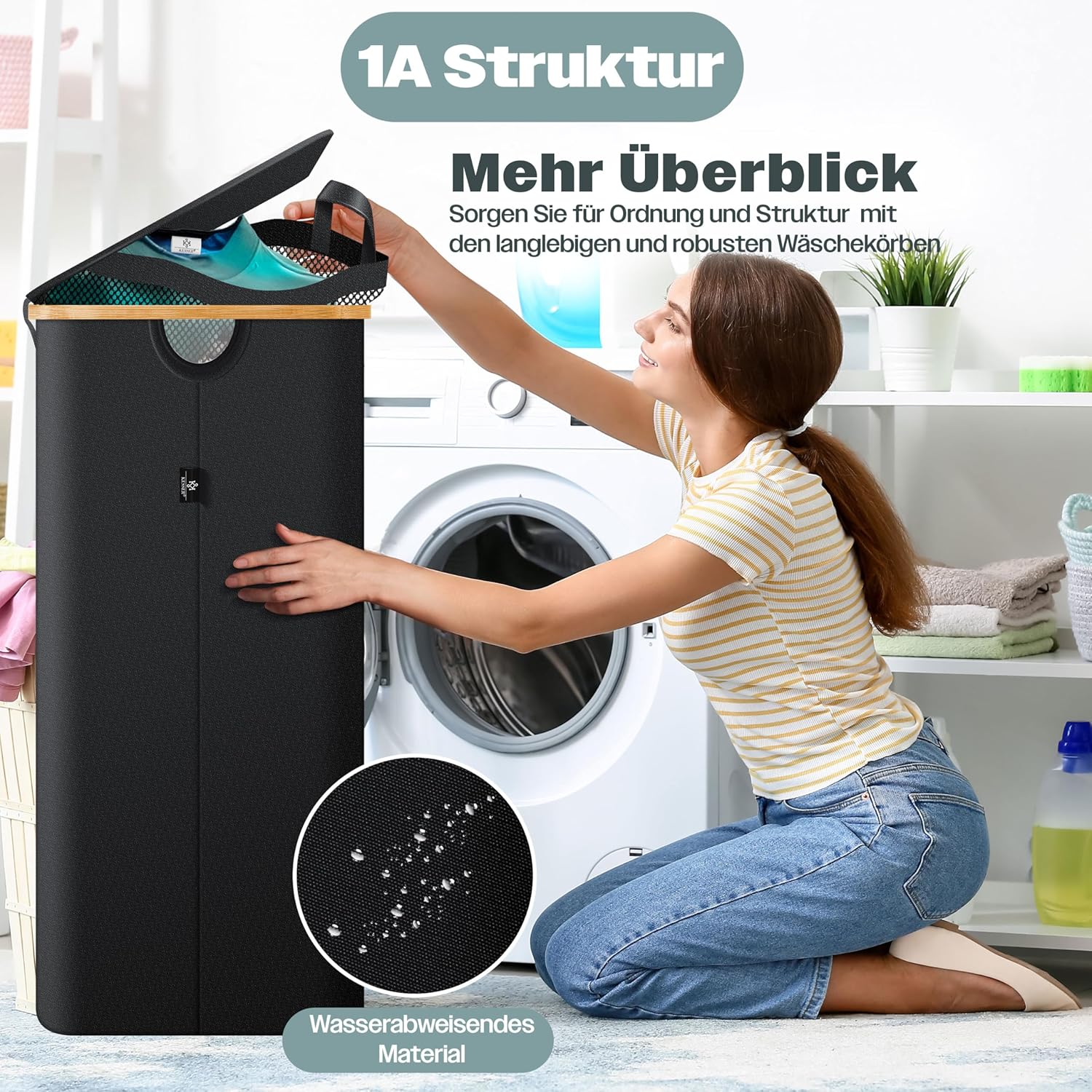 KESSER® Wäschekorb 170l, 2 Fächer, faltbar, Deckel, 3 abnehmbare Beutel