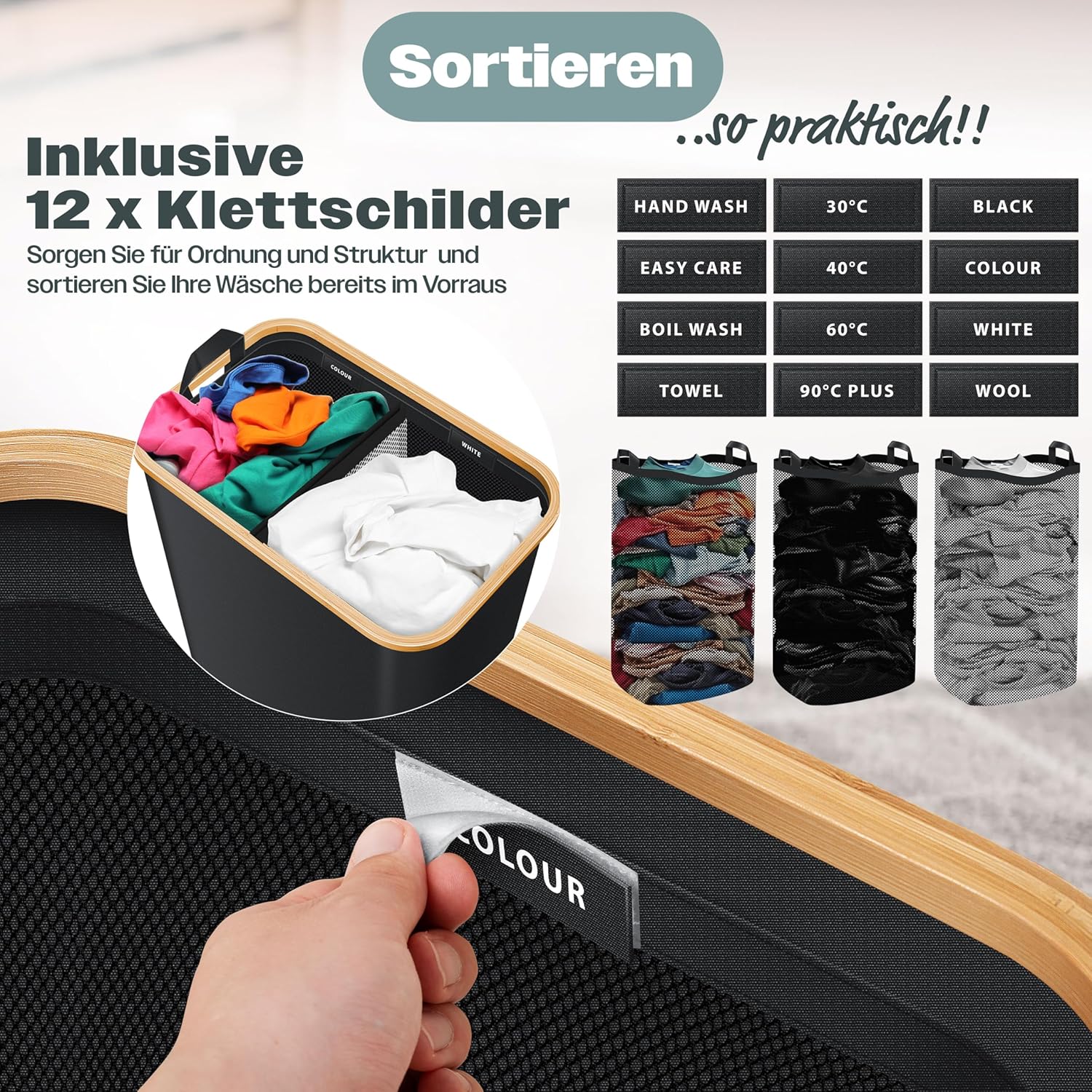 KESSER® Wäschekorb 170l, 2 Fächer, faltbar, Deckel, 3 abnehmbare Beutel