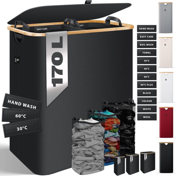 KESSER® Wäschekorb 170l, 2 Fächer, faltbar, Deckel, 3 abnehmbare Beutel