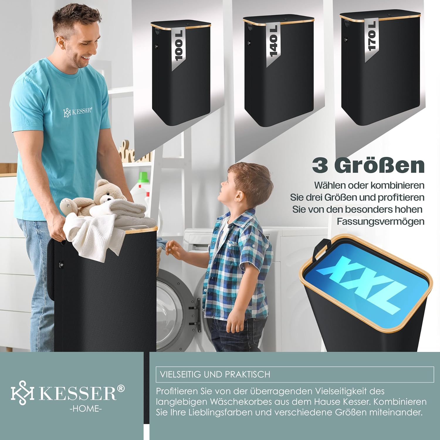 KESSER® Wäschekorb 170l, 2 Fächer, faltbar, Deckel, 3 abnehmbare Beutel