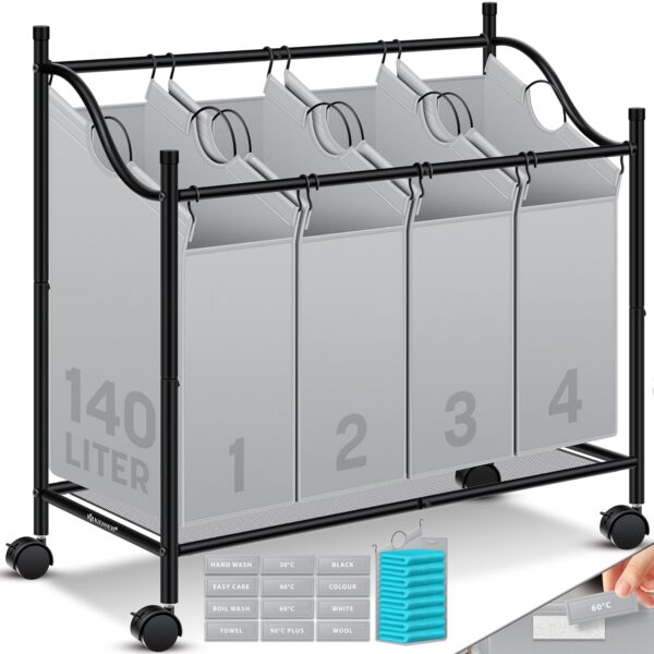 KESSER® Wäschekorb 4-Beutel, 35 L, 360° Rollen, Sortierbox