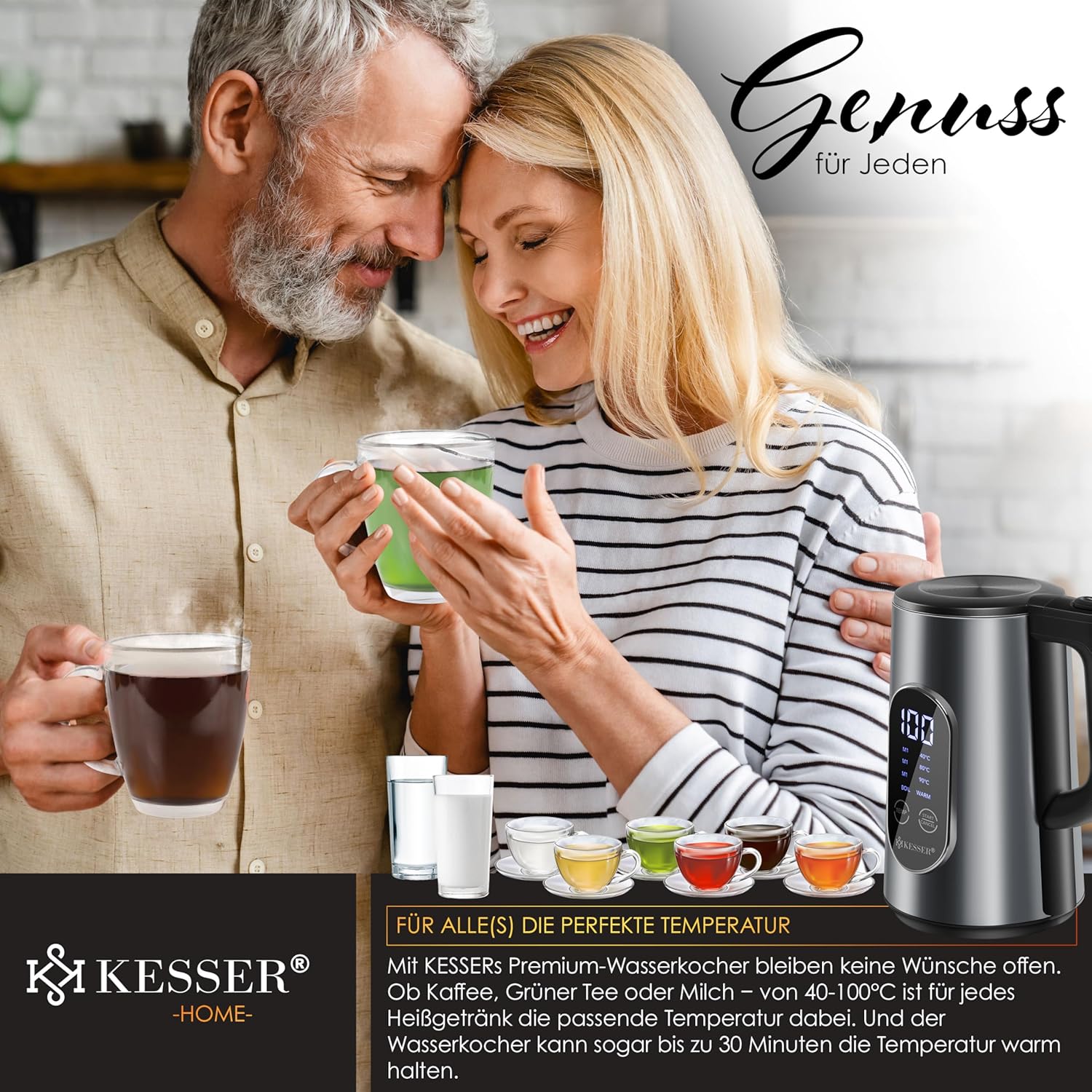 KESSER® Wasserkocher Edelstahl 1,7 L, 2200 W, einstellbare Temperatur 40–100 °C, LED-Display, 30 Min Warmhalten
