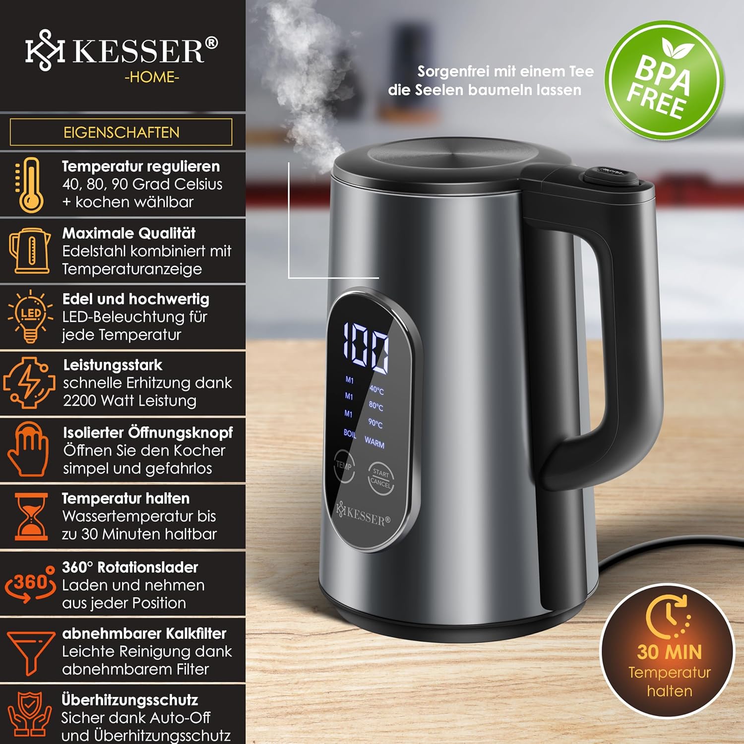 KESSER® Wasserkocher Edelstahl 1,7 L, 2200 W, einstellbare Temperatur 40–100 °C, LED-Display, 30 Min Warmhalten