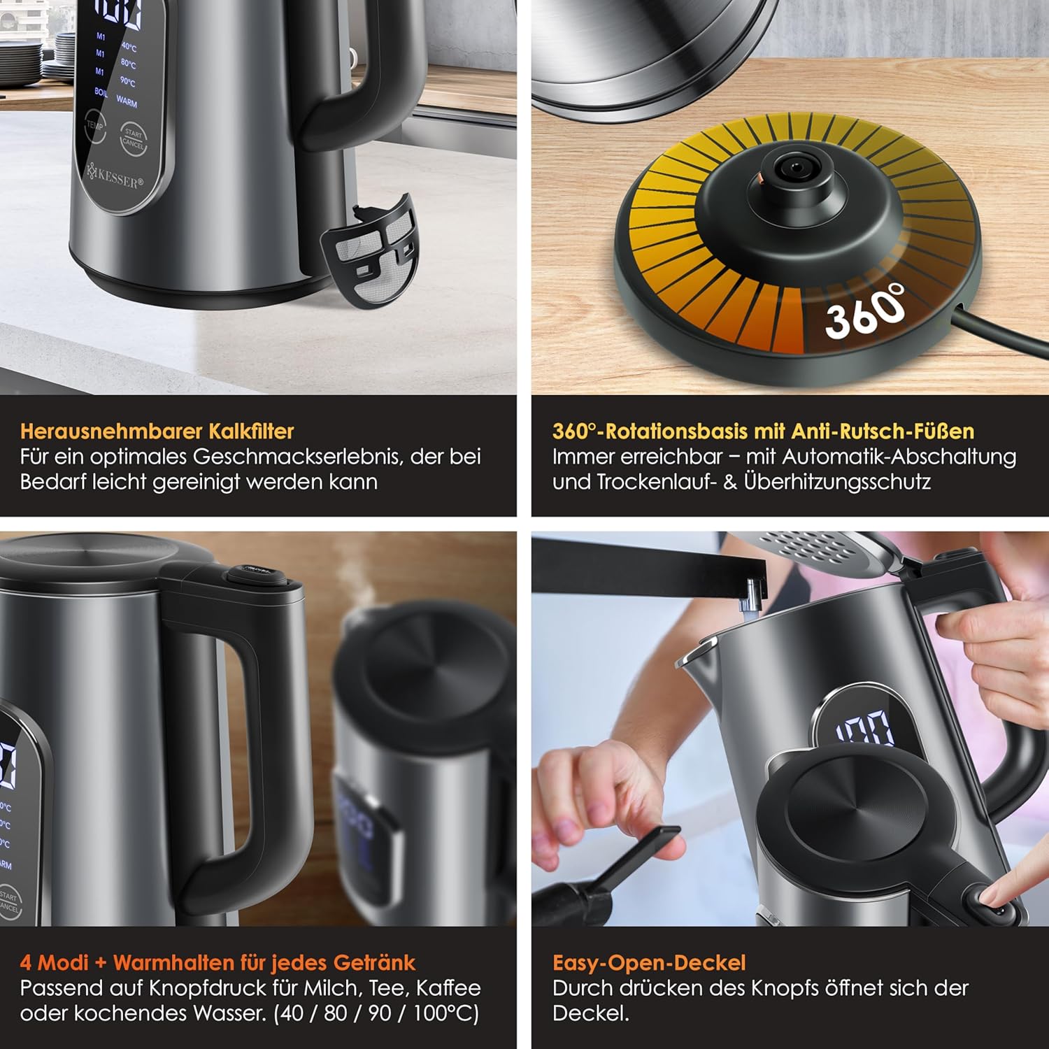 KESSER® Wasserkocher Edelstahl 1,7 L, 2200 W, einstellbare Temperatur 40–100 °C, LED-Display, 30 Min Warmhalten